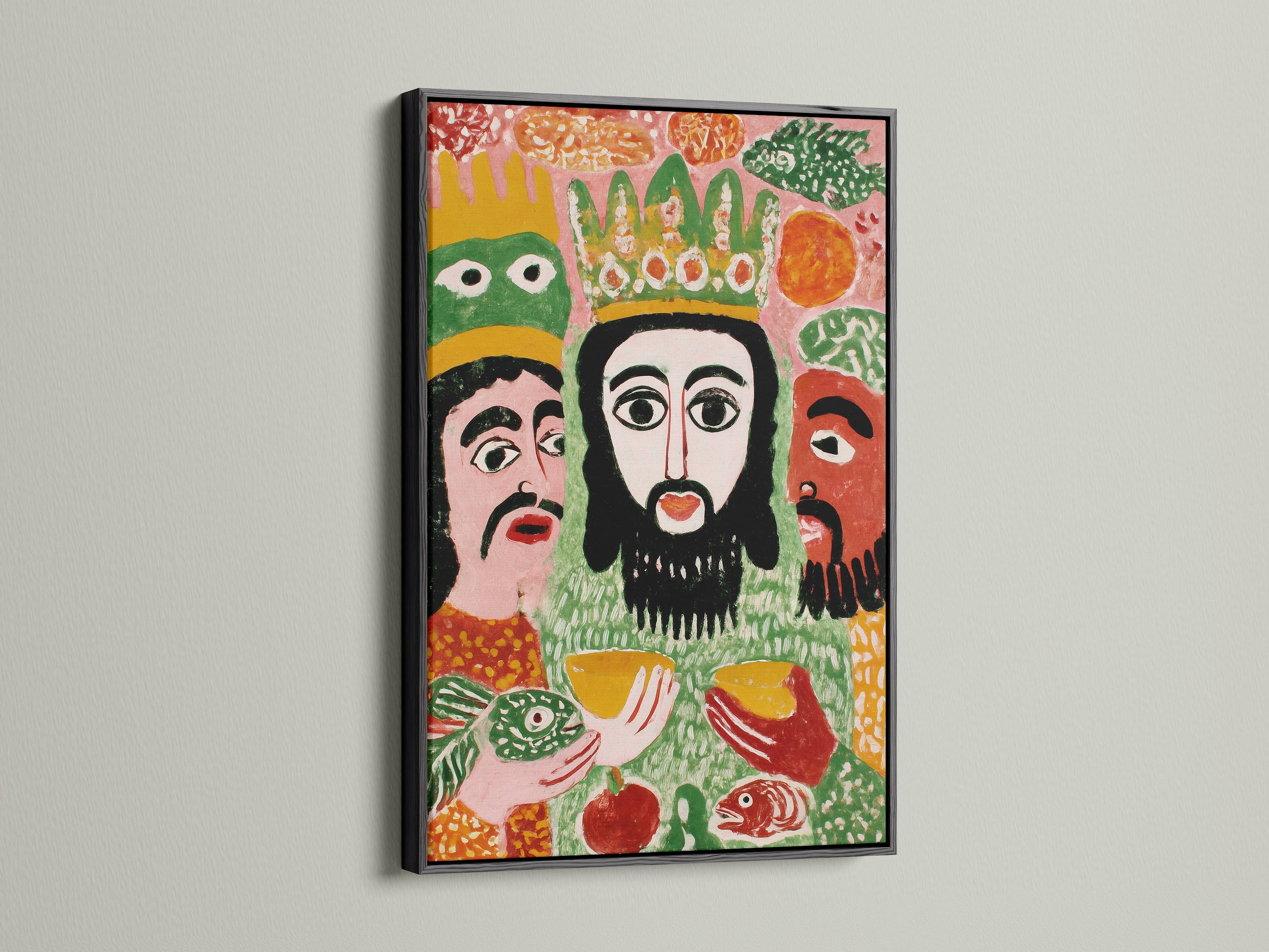 The Three Wise Men folk art canvas is displayed in a black frame. This striking religious artwork provides a bold contrast to your decor. Perfect for those seeking christian wall art with a modern touch. It is ideal for living rooms lobbies and studies.