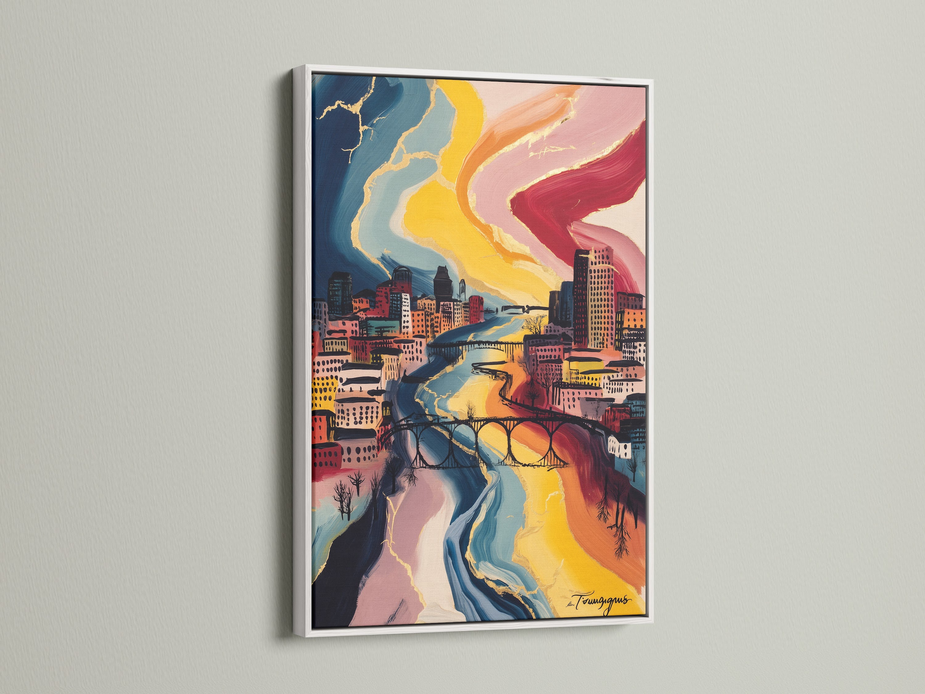 Enhance your home with our modern cityscape artwork. This colorful urban wall art is framed in a clean white frame. Perfect for creating a fresh contemporary look. This skyline print brings a vibrant touch to any space. Explore modern artwork for your home.