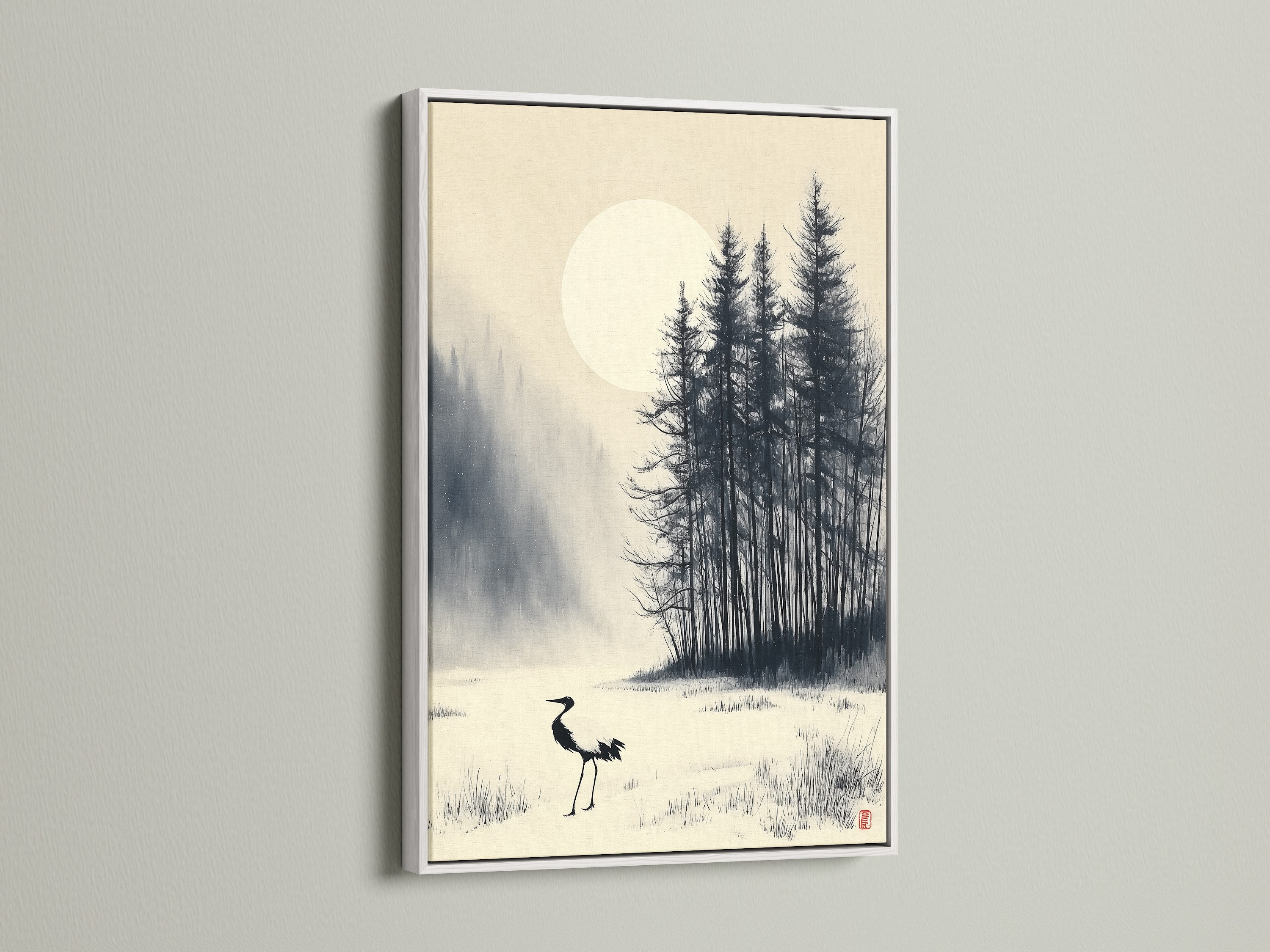 View forest artwork featuring a crane Japanese print framed in white. This ink wash art brings a serene touch to your space. The winter canvas is perfect for creating a calm atmosphere. Suitable for clinics cafés and boardrooms. Enhance your wall decor with this Asian art print.