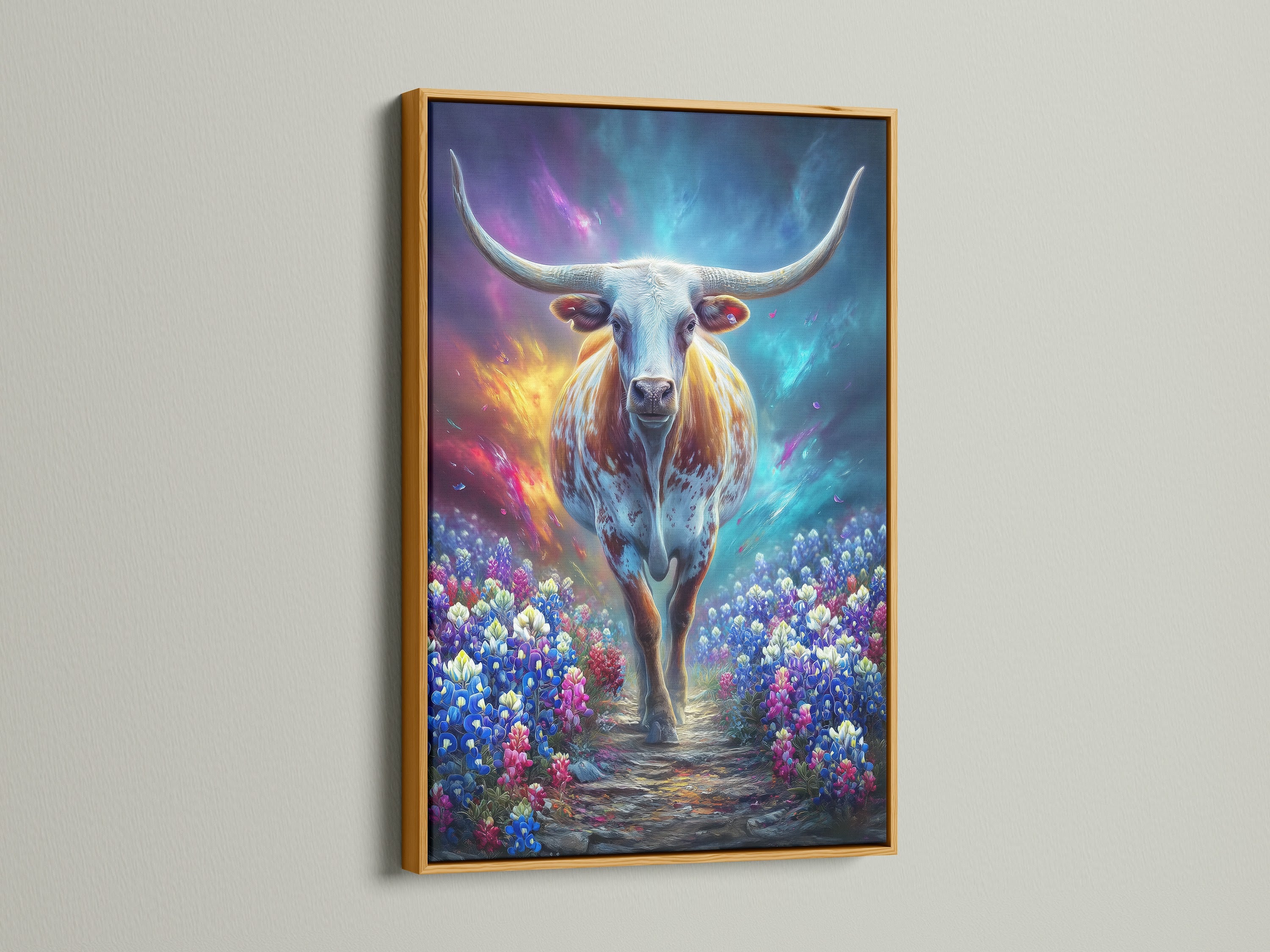 A mystical cow artwork is showcased in a gold frame. The fantasy animal art brings ethereal beauty to your walls. The wildflower field art complements minimalist or farmhouse decor. A stunning piece for living rooms bedrooms or offices. Elevate your space with this unique cosmic artwork.