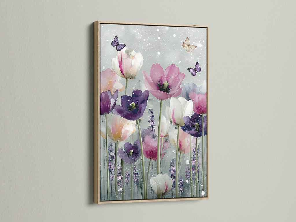 A close up showcases an oak frame. The frame surrounds a lovely floral art print. The artwork features tulips and butterflies. The oak frame adds a touch of natural warmth. Elevate your art with a timeless oak frame.