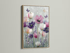 A close up showcases an oak frame. The frame surrounds a lovely floral art print. The artwork features tulips and butterflies. The oak frame adds a touch of natural warmth. Elevate your art with a timeless oak frame.