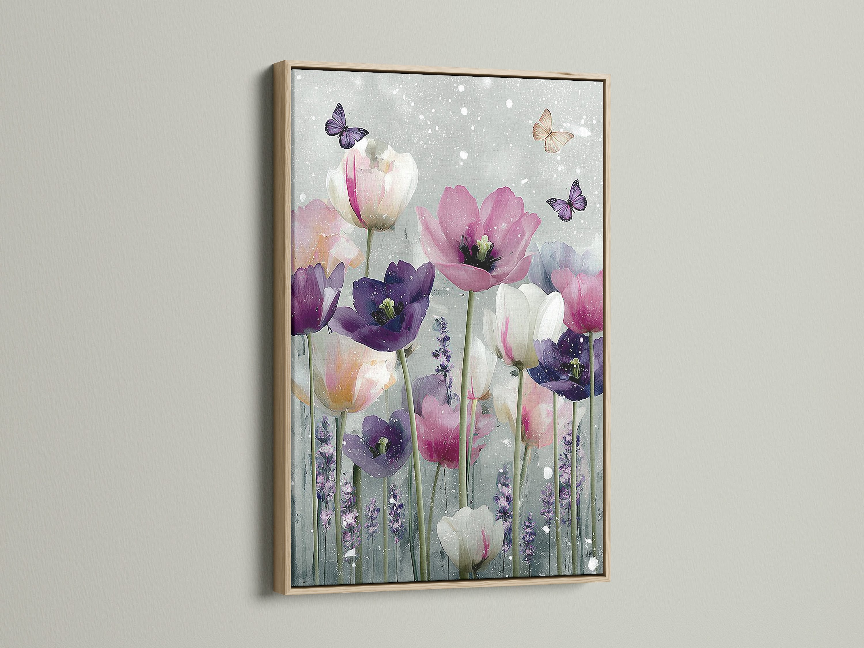 A close up showcases an oak frame. The frame surrounds a lovely floral art print. The artwork features tulips and butterflies. The oak frame adds a touch of natural warmth. Elevate your art with a timeless oak frame.