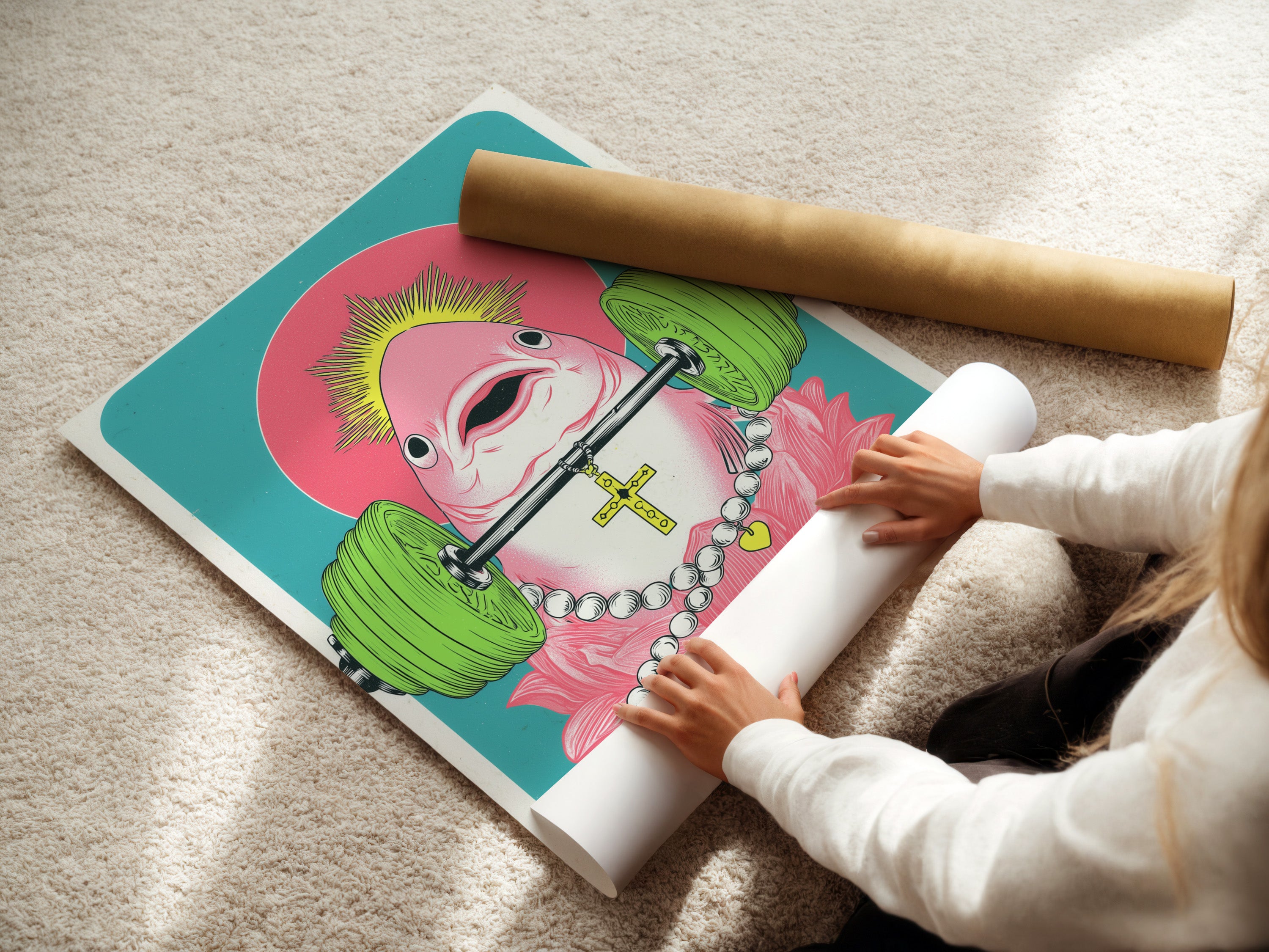 A woman is rolling a fine art poster paper of a surreal flamingo artwork. Ideal for fitness enthusiasts this quirky gym wall art is perfect for home gym decor. The pink teal art is motivational and eccentric.