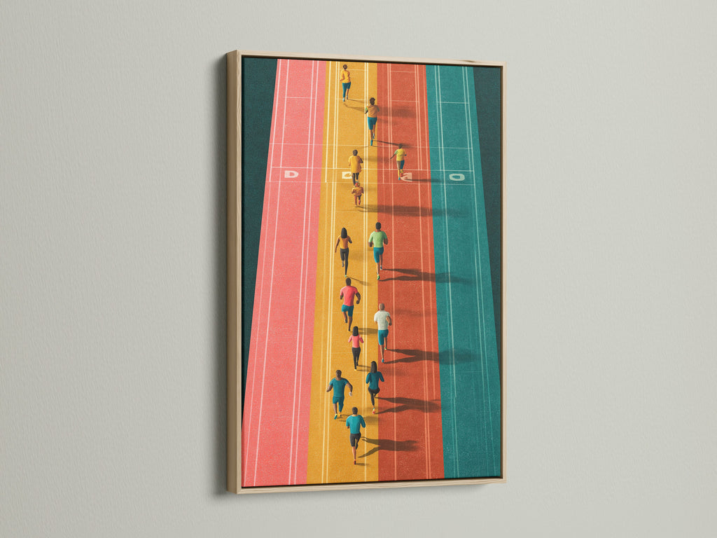 Running track artwork framed in oak. This modern print showcases athletes in action. The aerial sports wall art is perfect for a home gym or office. Elevate your space with this colorful piece.