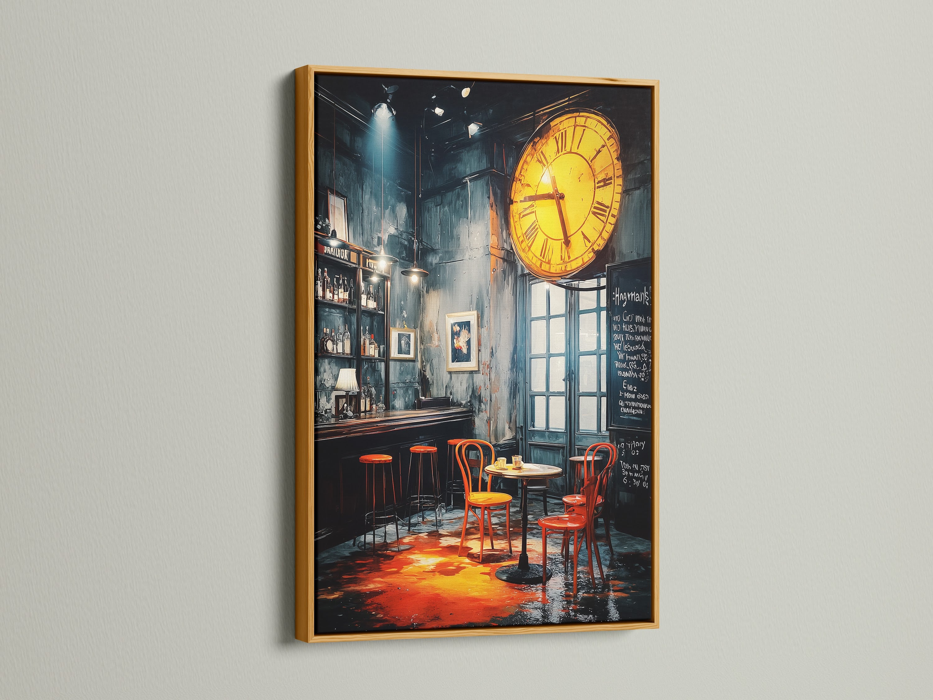 Vintage Bar Canvas Print in a gold frame. The metallic accent complements the artwork's warm hues. This orange and teal artwork enhances bar decor. It brings a touch of luxury to your speakeasy or bistro.