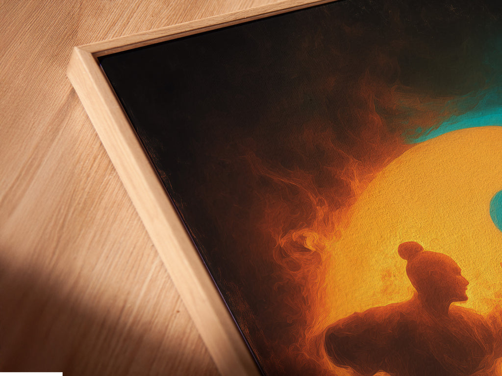 A close up angled view reveals a canvas print in a floating frame. The art seems to hover within the frame. This unique framing style adds depth and dimension. Perfect for modern art display. Showcase your art with style.