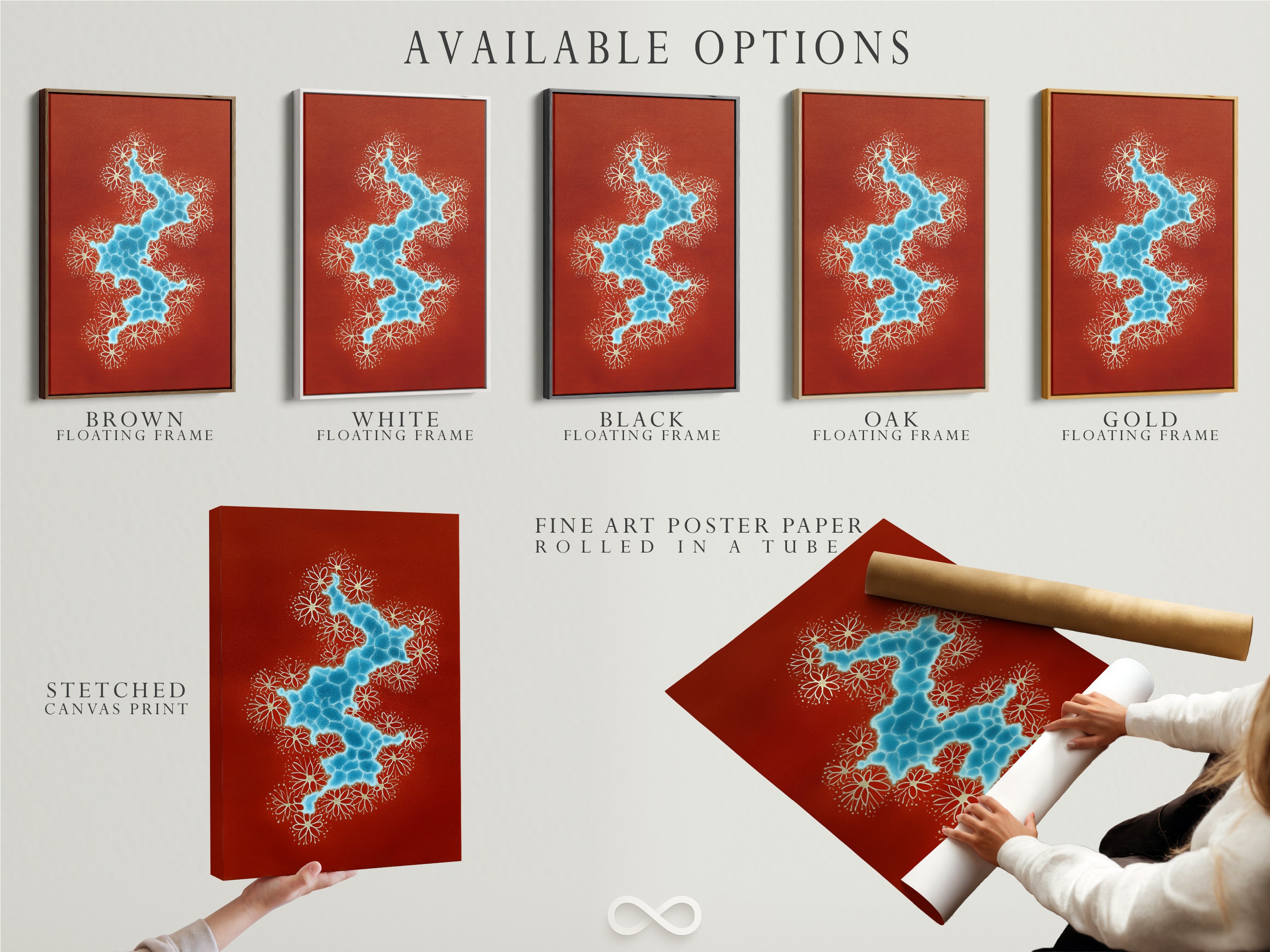 Available options for abstract river art. Choose from a stretched canvas print fine art poster paper or floating frame. The terracotta and blue water flow art adds a modern touch to any space. Select the perfect option for your boho wall decor.