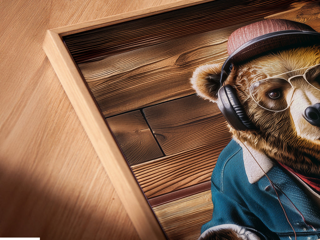 A canvas print in a floating frame is displayed at an angle. This close-up view showcases the details of the artwork. The floating frame adds depth and dimension to the piece. Enhance your space with this unique piece of art. It is ready to hang and enjoy.