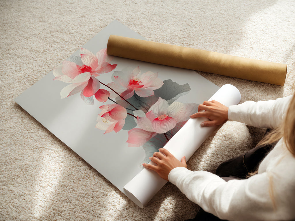 A woman carefully rolls a fine art poster paper. This lotus flower artwork is ready for framing. The fine art poster paper ensures high-quality prints. It is perfect for botanical wall art collections.