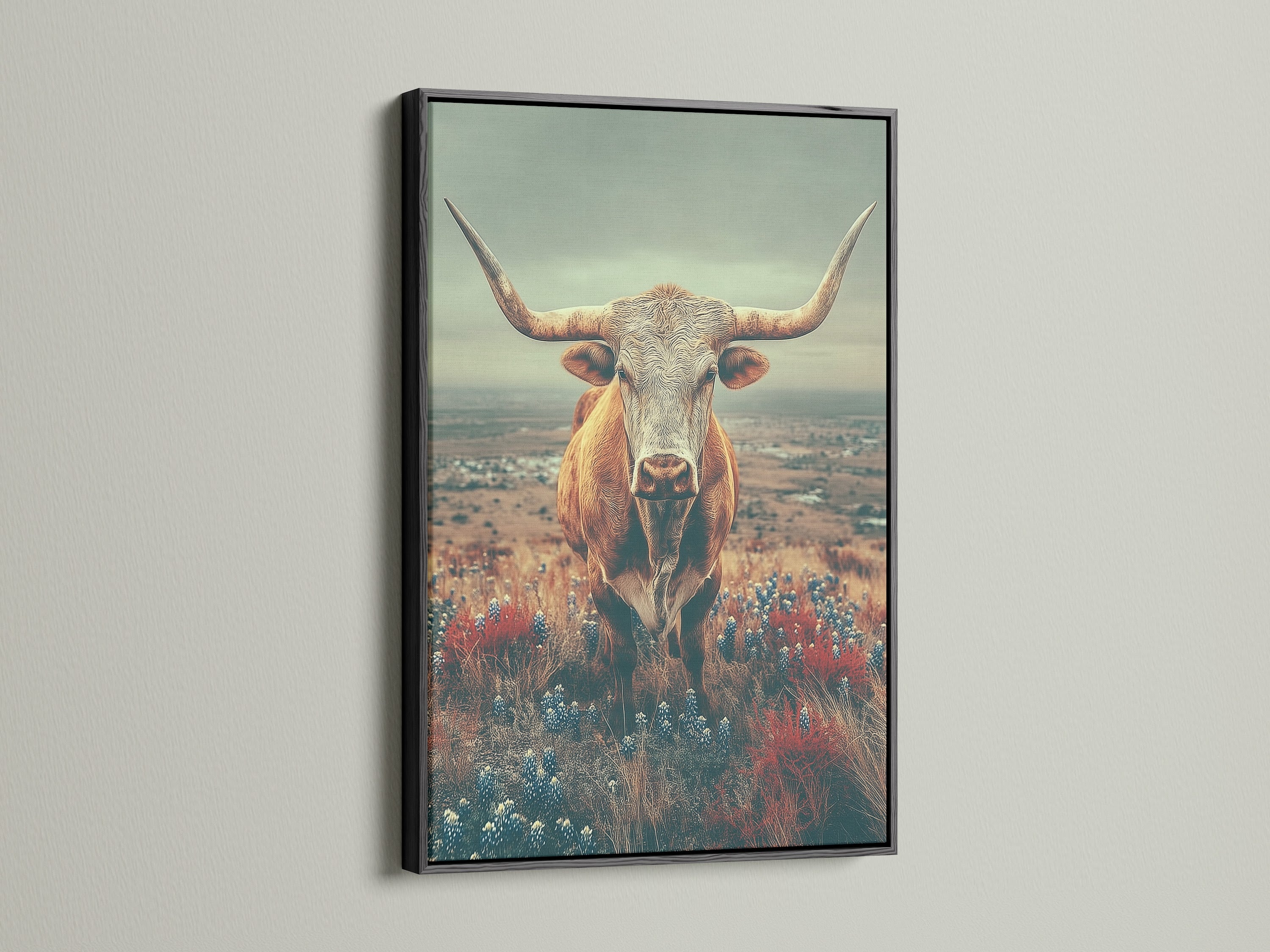 The Highland Cow art is framed in black. This rustic wall art is a vintage country landscape. It is ideal for a man cave or study. It's a great piece of farmhouse art or cow canvas print to elevate your space.