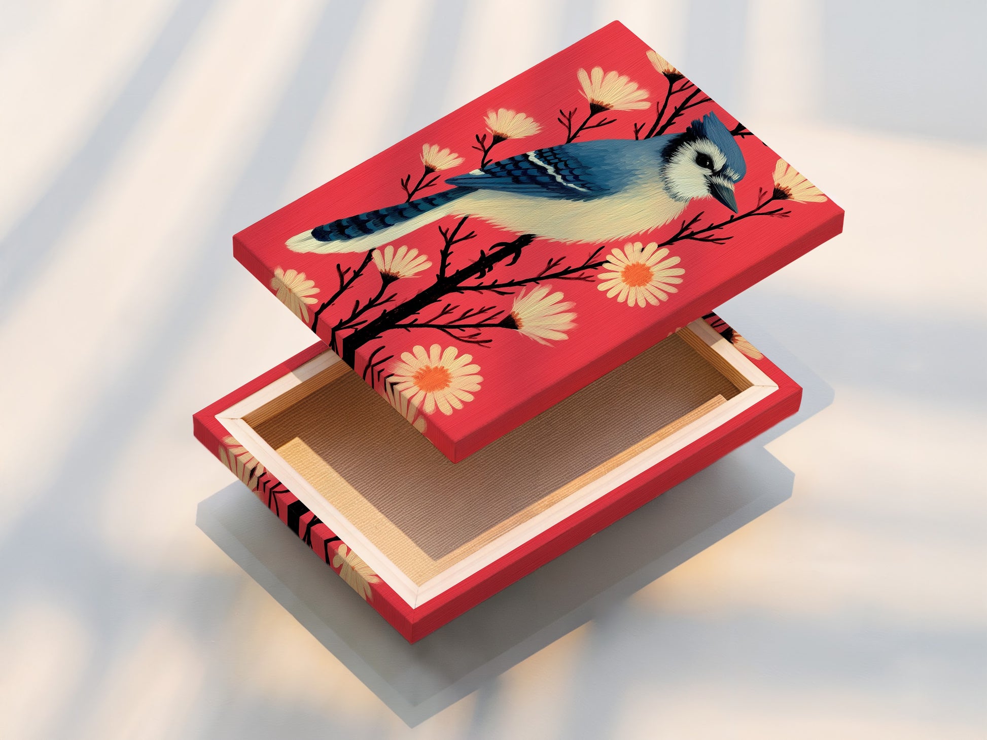 This stretched canvas print displays a blue jay art. The artwork features a blue jay bird and coral pink flowers. The stretched canvas provides a gallery ready look. Perfect for creating a focal point in any room.
