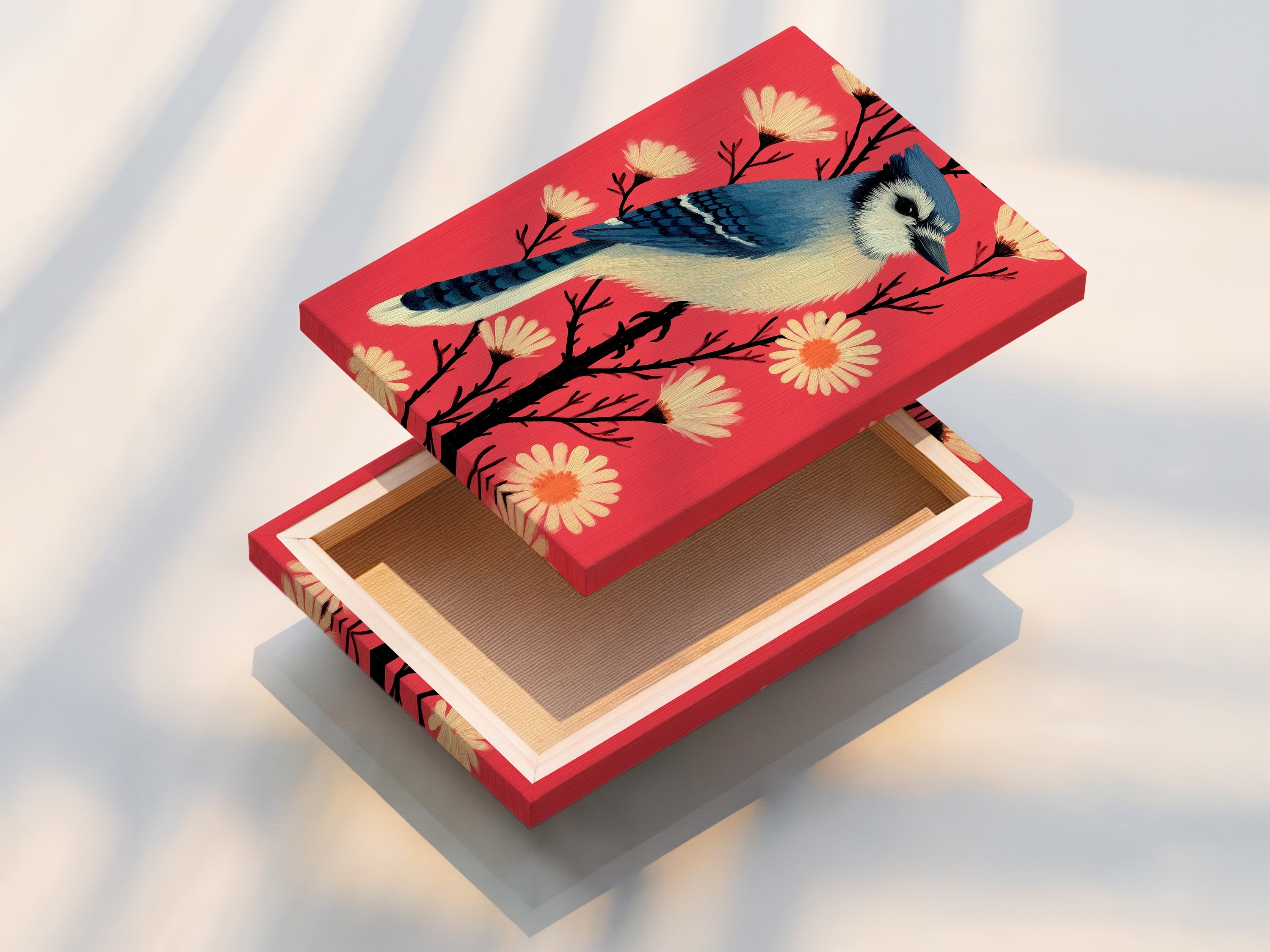 This stretched canvas print displays a blue jay art. The artwork features a blue jay bird and coral pink flowers. The stretched canvas provides a gallery ready look. Perfect for creating a focal point in any room.