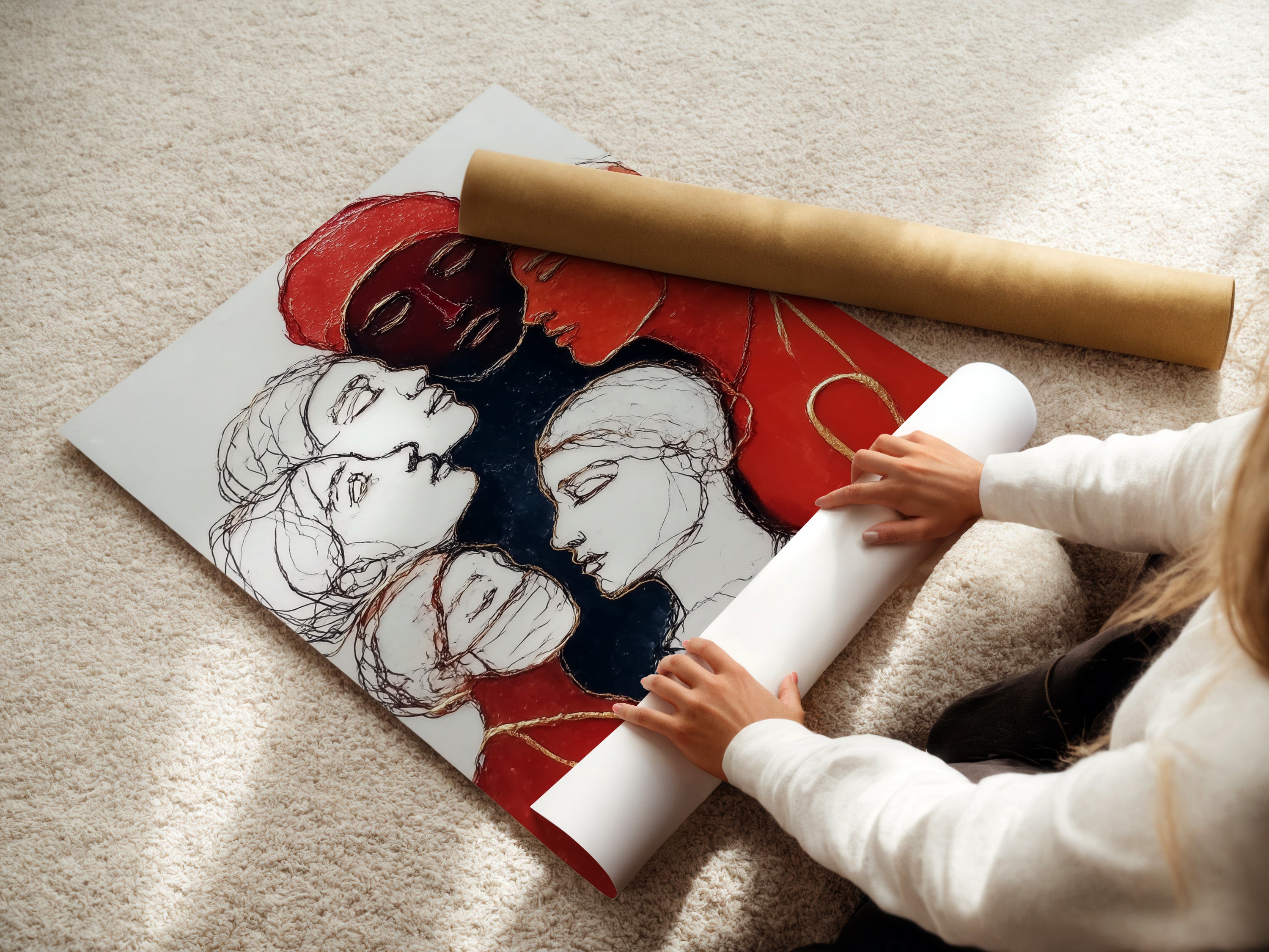 A woman is carefully rolling a fine art poster paper. The artwork features diverse female portraits. This demonstrates the care in handling and preparing the art. Perfect for homeowners and renters. The colors are red and black contemporary.