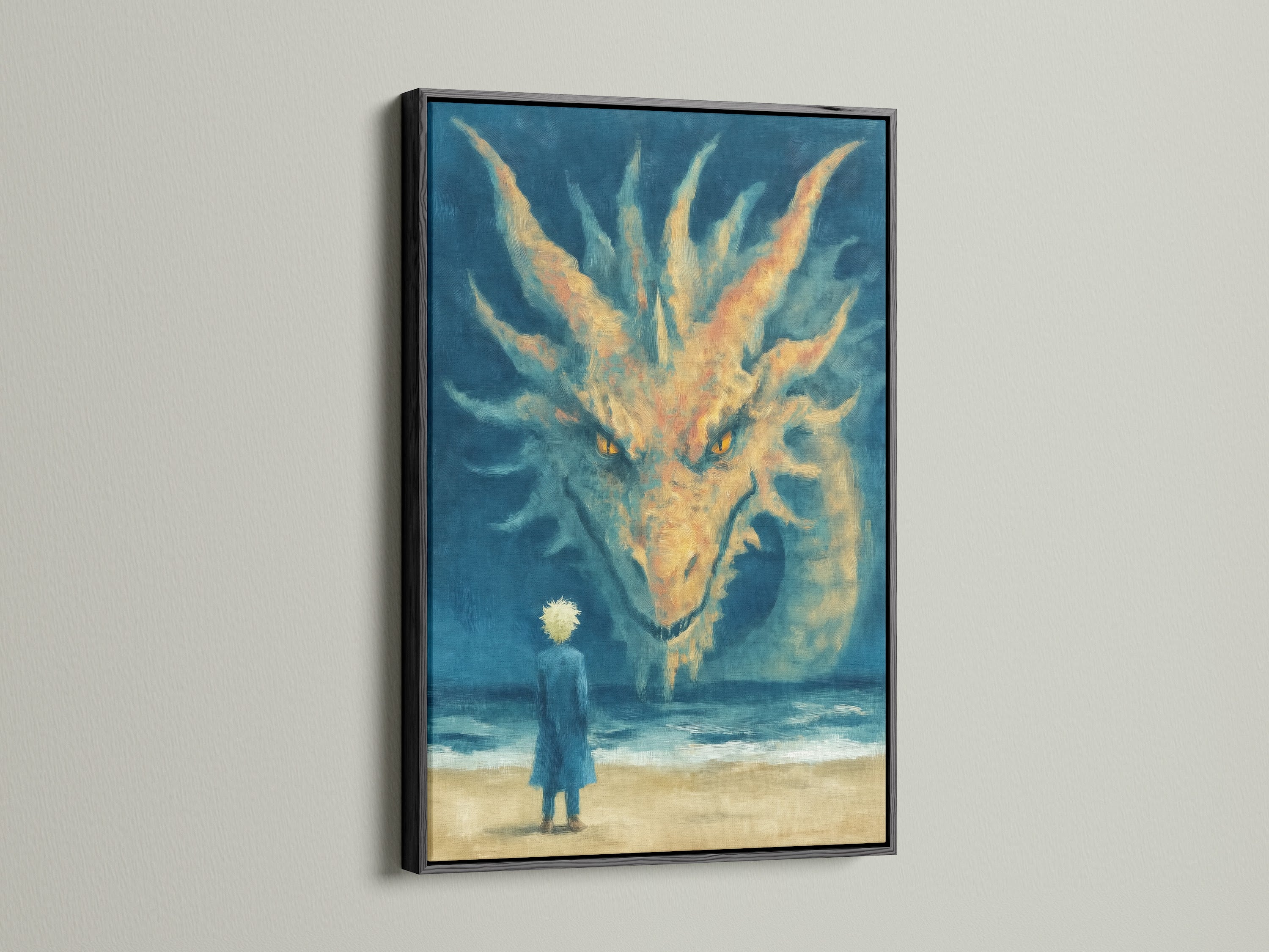 This fantasy artwork features a dragon. It is presented in a sleek black frame. The surreal wall decor adds a dramatic touch. The dragon art print brings a mystical element. It is ideal for modern or eclectic interior styles. Transform your living room with this canvas.