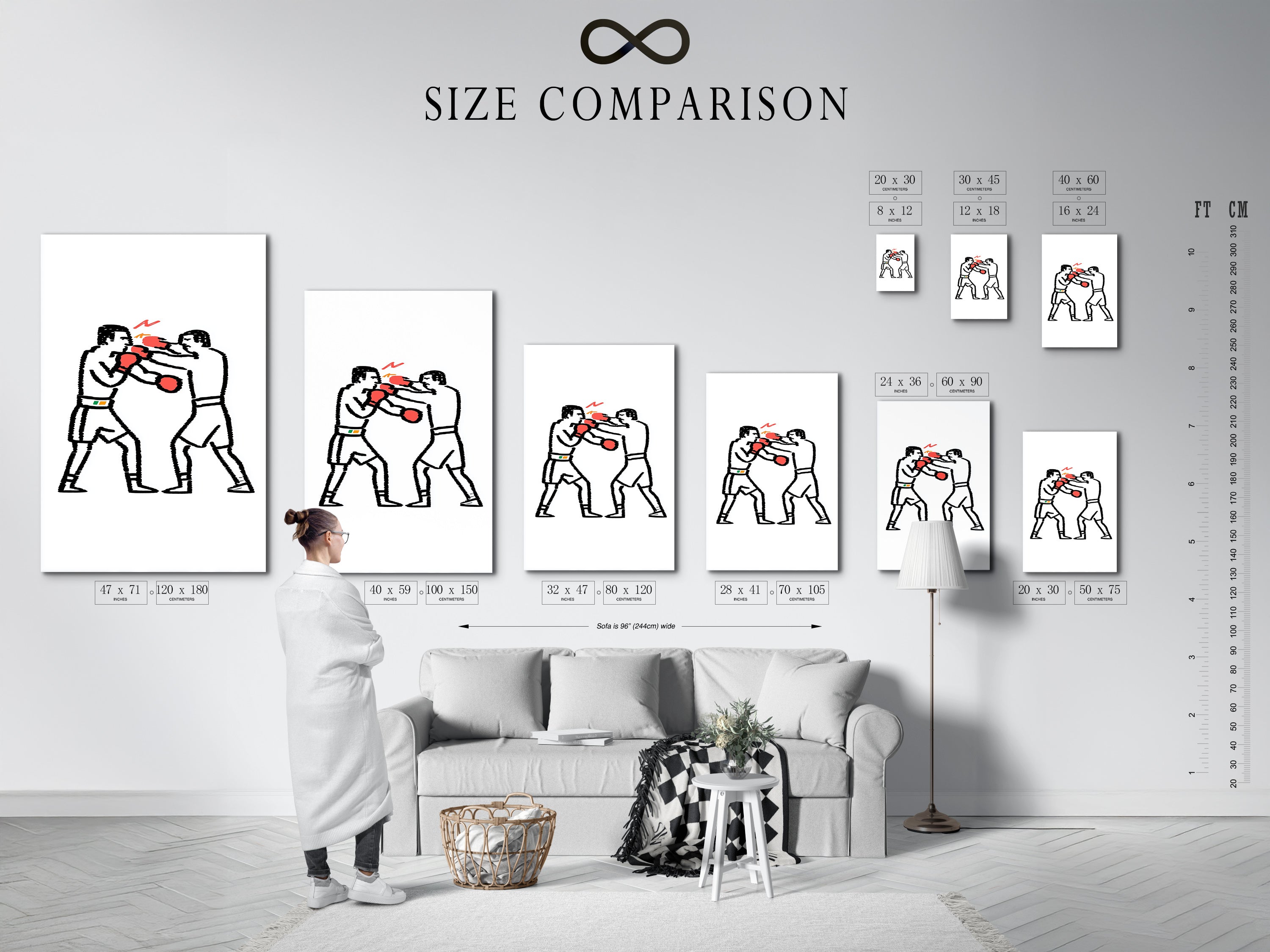 Size comparison chart of the boxing match artwork in an interior setting. Visualize how the minimalist sport wall art fits in your space. The print features two boxers with red gloves. Find the perfect size for your home gym or living room.