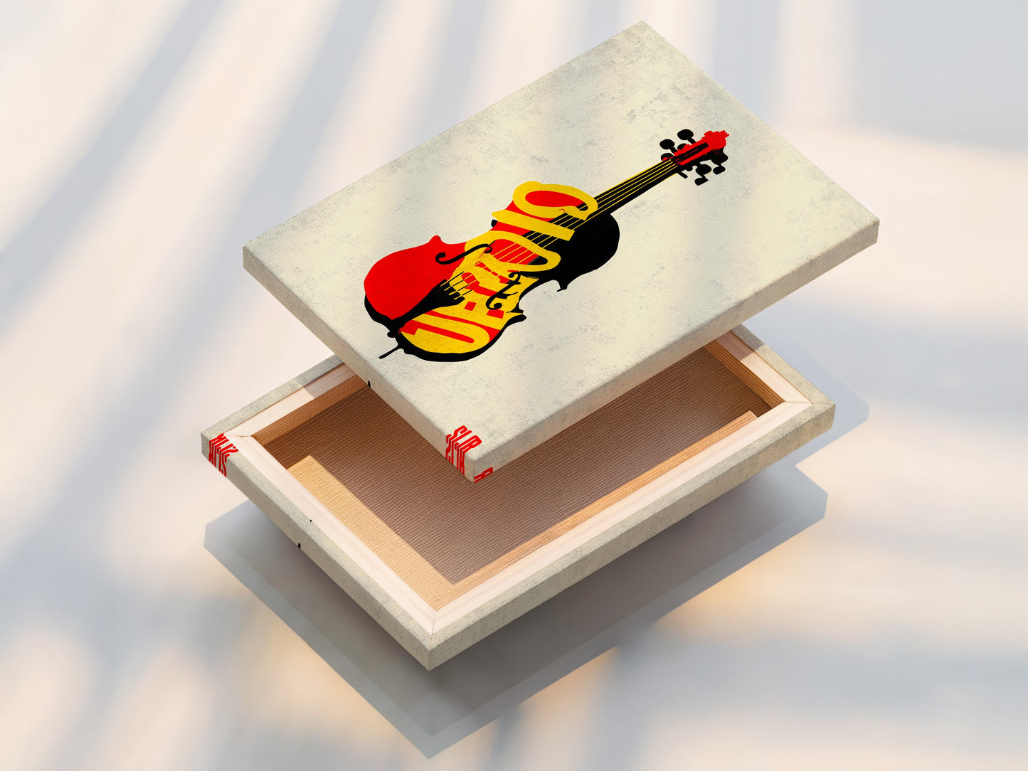 Explore a stretched canvas print of music artwork. The violin graffiti art is vibrant and ready to hang. The canvas adds texture and depth to the piece. Perfect for modern music studios and home decor.