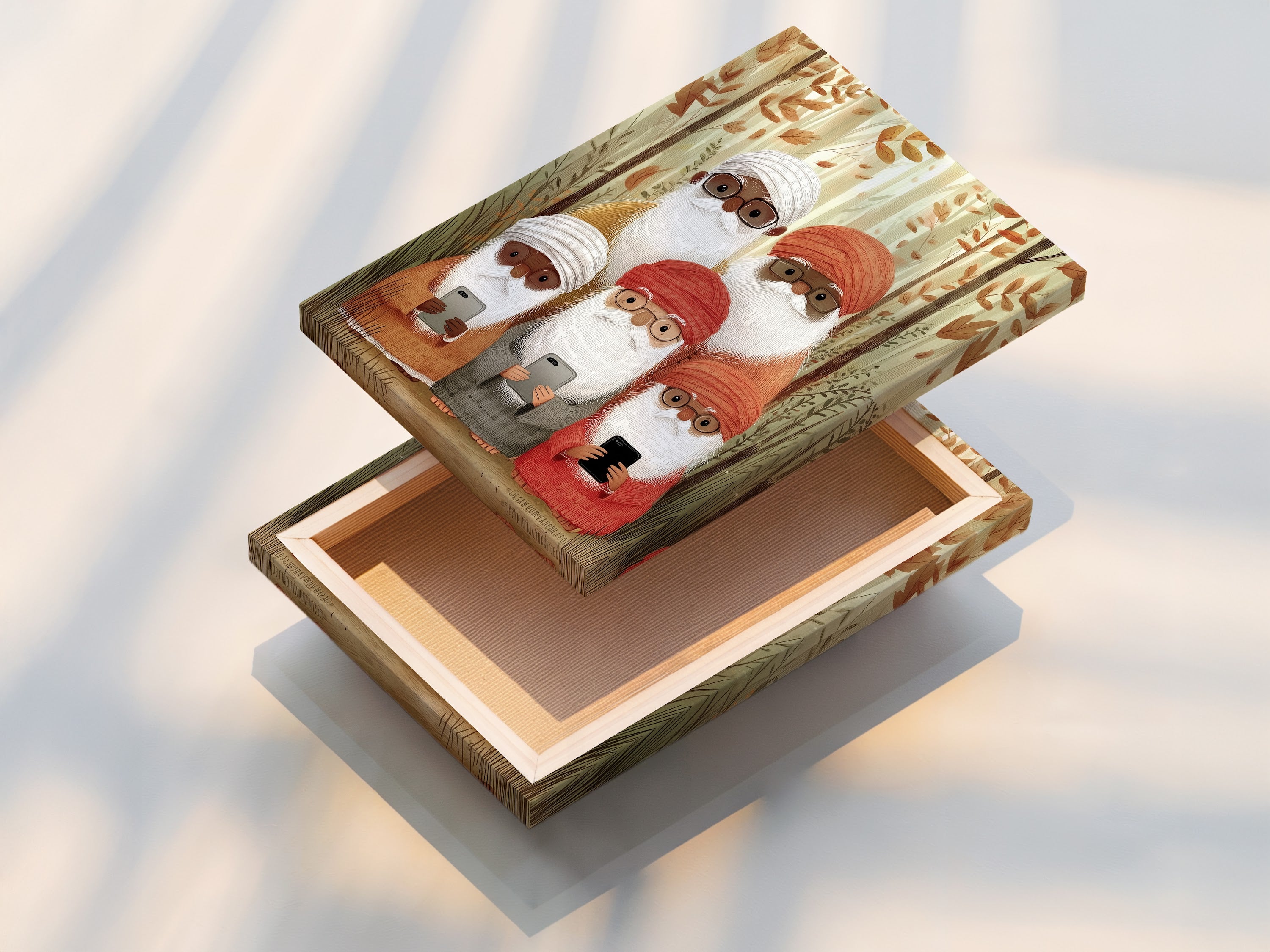 A stretched canvas print of the gnome family artwork. The art shows gnomes in a colorful autumn forest. The stretched canvas provides a ready-to-hang piece. Perfect for adding warmth and character to any wall.