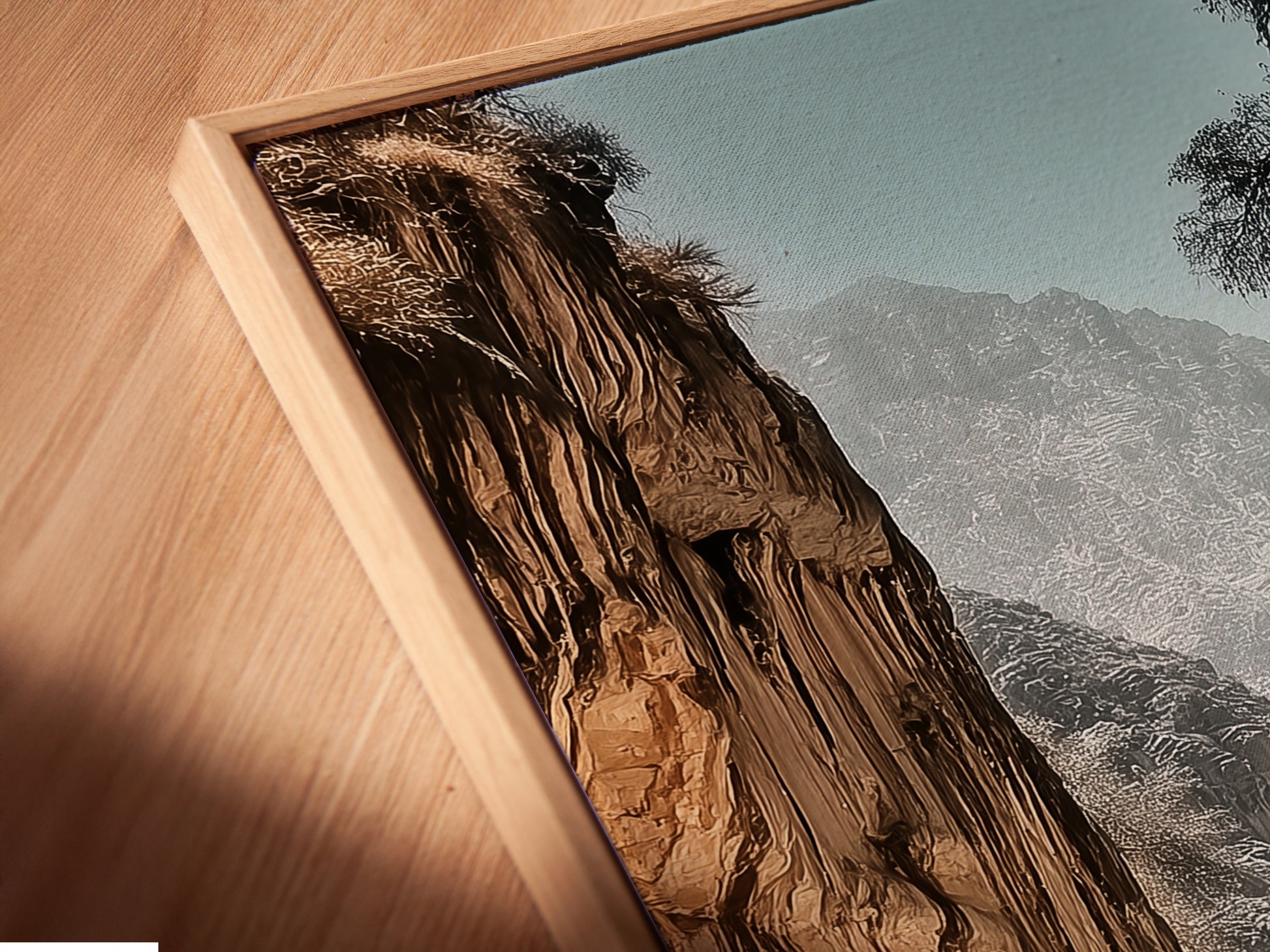 Angled close up of a Sports Car Canyon canvas print in a floating frame. The artwork showcases a green sports car in a desert landscape. Perfect for adding a touch of modern automotive style to any space. Ideal for car enthusiasts.