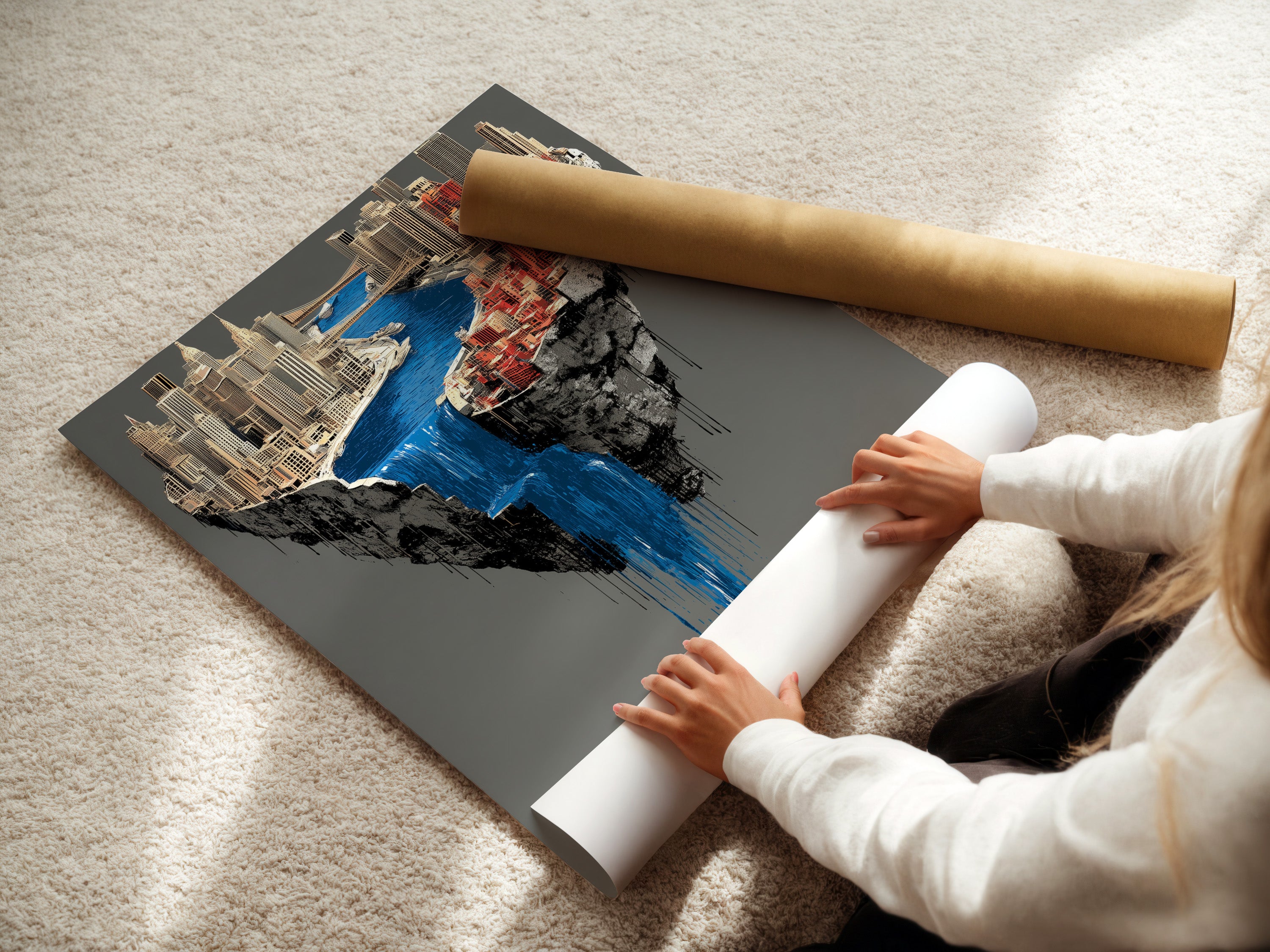 A woman carefully rolls a fine art poster paper. The paper features a surreal city waterfall artwork. This contemporary piece is perfect for modern office decor. The urban art print is ideal for art collectors. The fantasy cityscape adds a unique touch to any space. It enhances architectural aesthetics.
