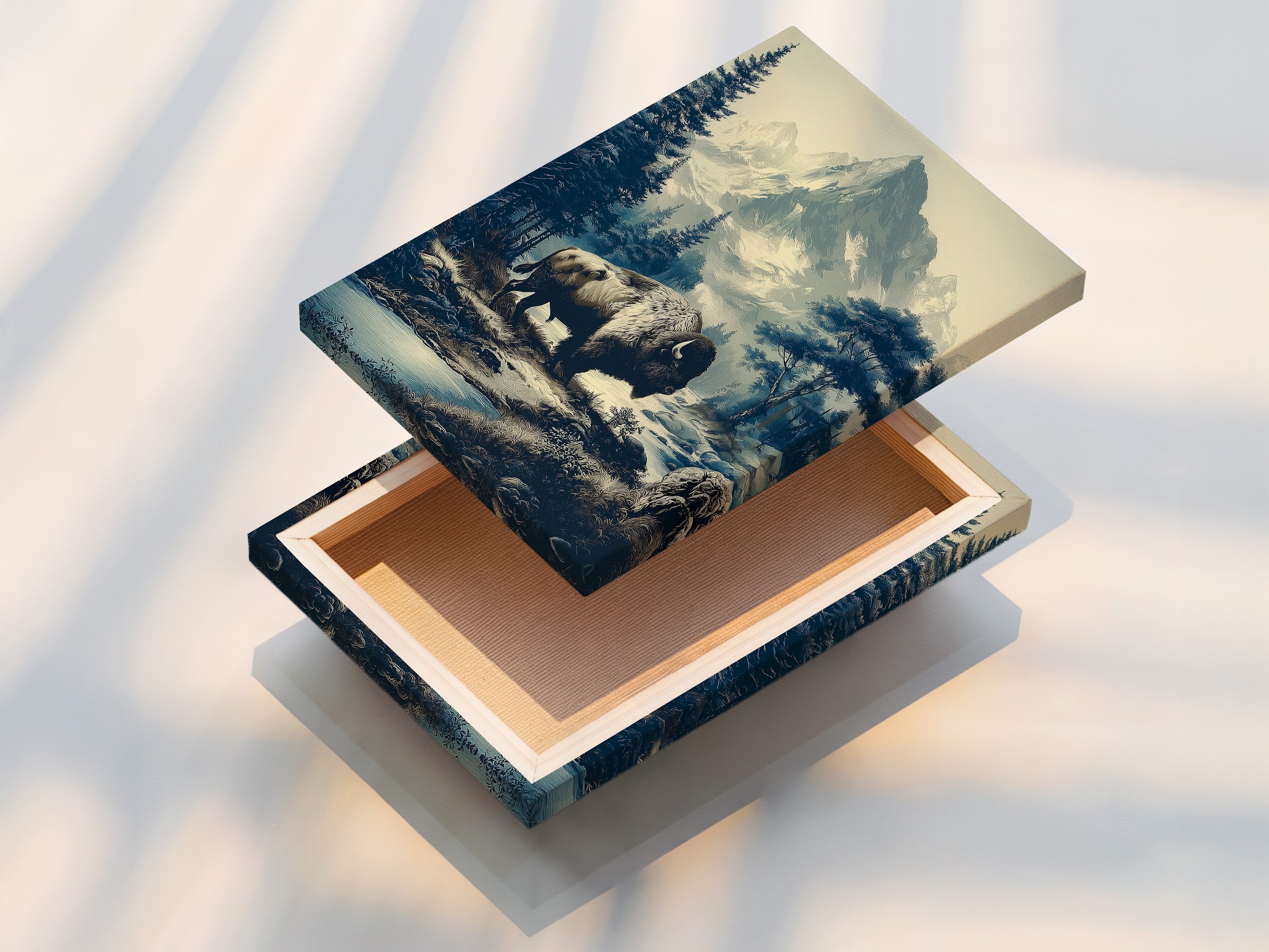 A stretched canvas print of Buffalo Mountain Art. This western wildlife art is ready to hang. No framing is required. The vintage nature print adds rustic charm. Perfect for cabin decor and mountain landscape enthusiasts. It's a great way to add a touch of wilderness.