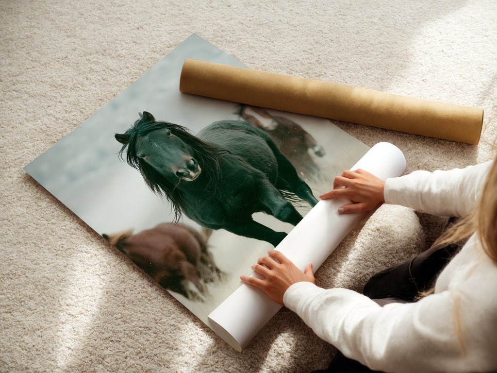 A woman is carefully rolling a fine art poster paper featuring wild horses. This high-quality print captures the beauty of Western animal wall decor. Perfect for living rooms bedrooms or offices seeking a country or farmhouse style. This artwork is great for ranchers or anyone that appreciates wildlife art. The fine art paper ensures lasting quality.