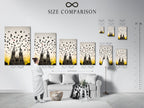 A size comparison chart is displayed in an interior setting. The artwork is a gothic cathedral print. The chart helps visualize the art's scale. Choose the perfect size for your space. Enhance your room with gothic wall decor. Plan your study room artwork.