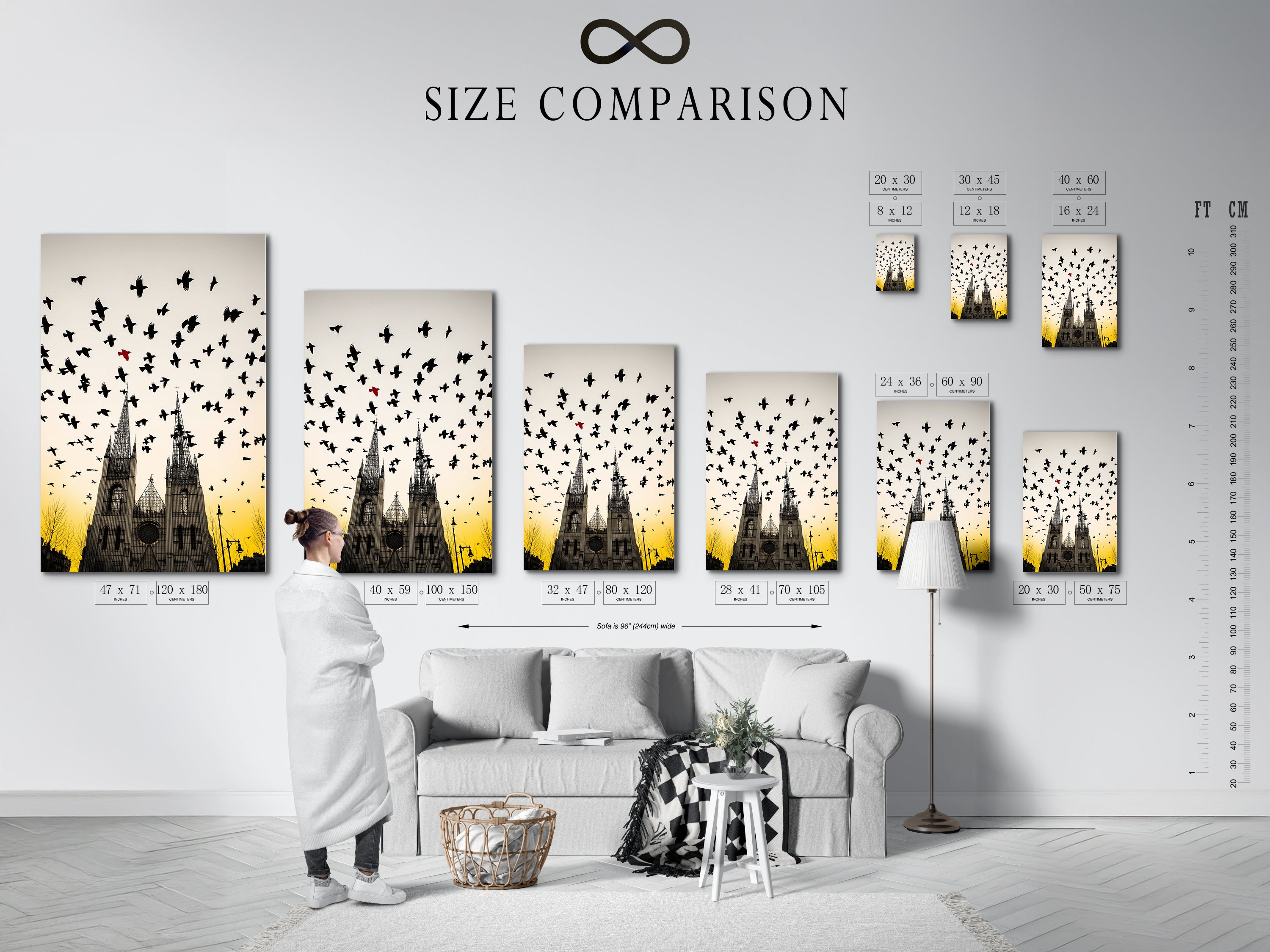 A size comparison chart is displayed in an interior setting. The artwork is a gothic cathedral print. The chart helps visualize the art's scale. Choose the perfect size for your space. Enhance your room with gothic wall decor. Plan your study room artwork.