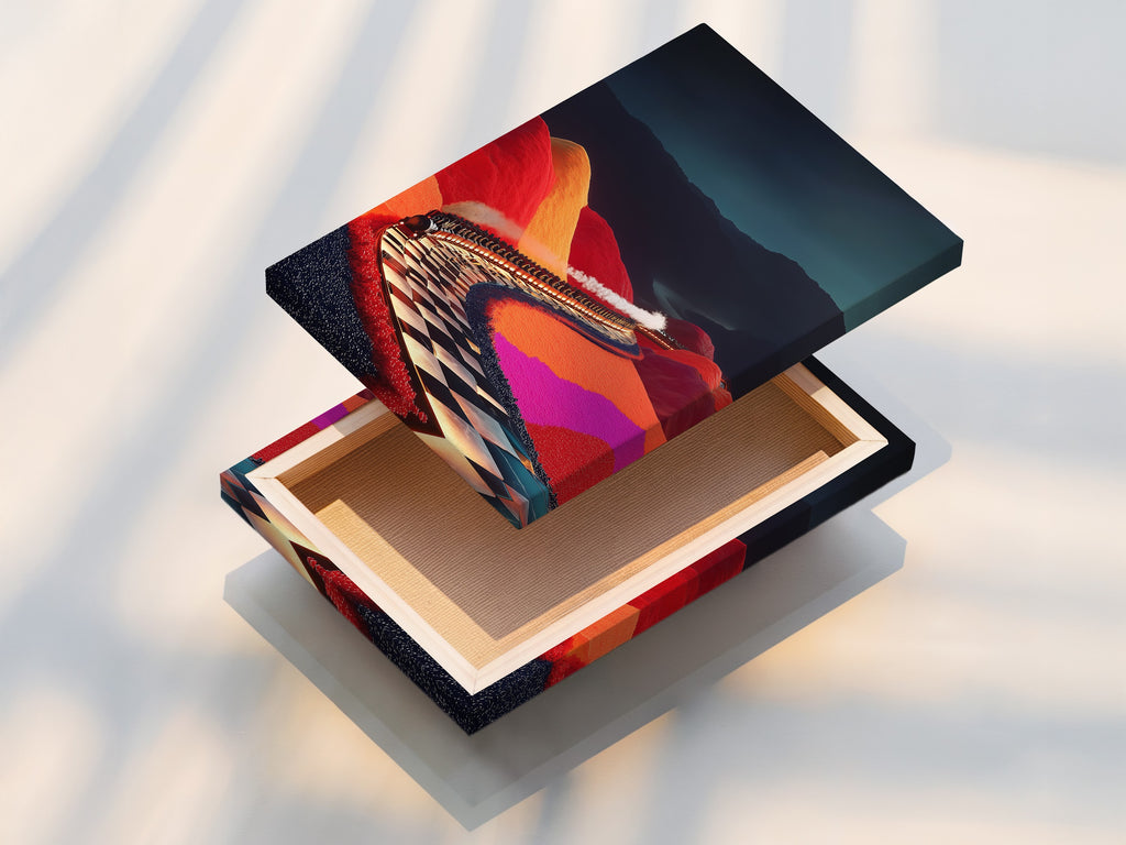 A stretched canvas print of the Surreal Train Ride artwork. This colorful landscape wall art is ready to hang. The whimsical journey artwork transforms any room. The vivid colors and modern style make it a focal point. Perfect for game rooms and unique wall decor.