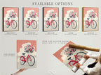 Available options for this vintage bicycle art. Choose from a stretched canvas print. A fine art poster paper is also available. Consider a floating frame for a modern look. The coral pink floral bike artwork is perfect for any space. Customize your art today.