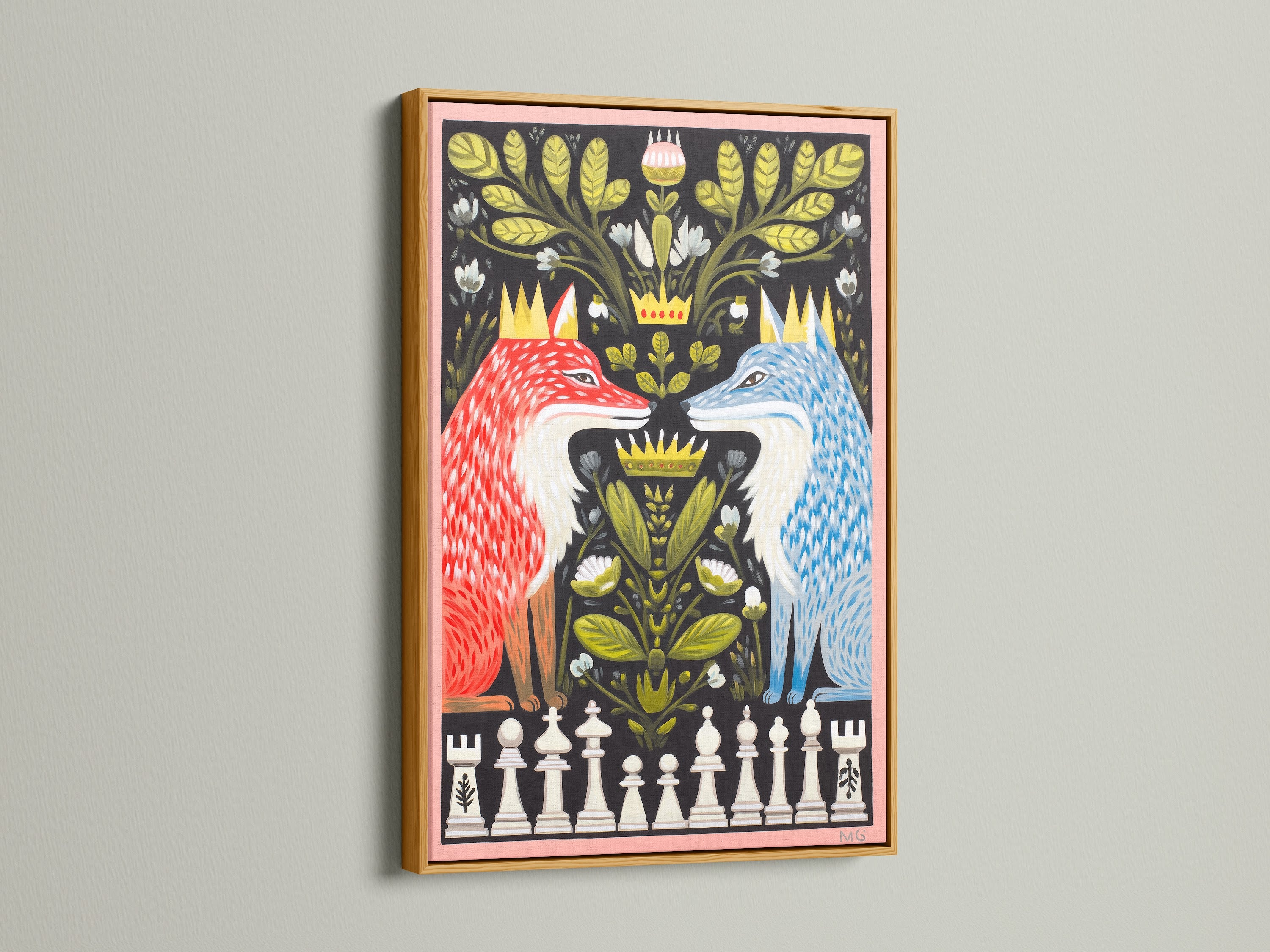 The Fox Chess artwork stands out in a gold frame. This colorful artwork is a unique addition. The red and blue hues create a lively atmosphere. Perfect for boutiques and coffee shops. This whimsical piece enhances any space. The animal art is truly eye-catching.