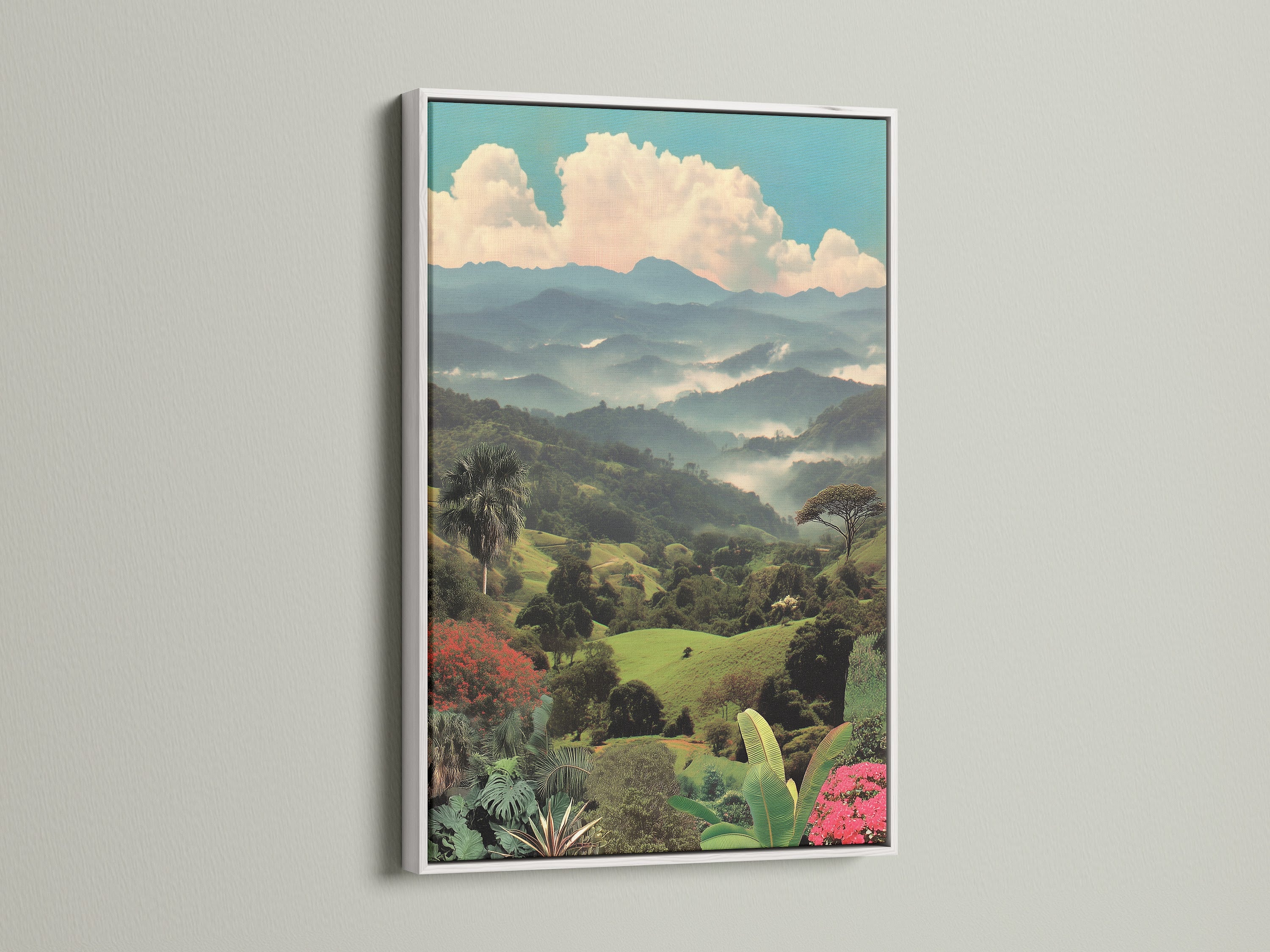 Botanical art for a calming space. This mountain canvas features a tropical landscape print. The scenery artwork is framed in a clean white frame. This nature print is ideal for living rooms and offices.