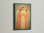 This angel family art is showcased in a sleek black frame. The dark frame accentuates the artwork's intricate details. This sacred mother and child art piece brings peace to any space. Enhance your home with this beautiful blend of bohemian and eclectic styles. Perfect for meditation spaces and healing centers.