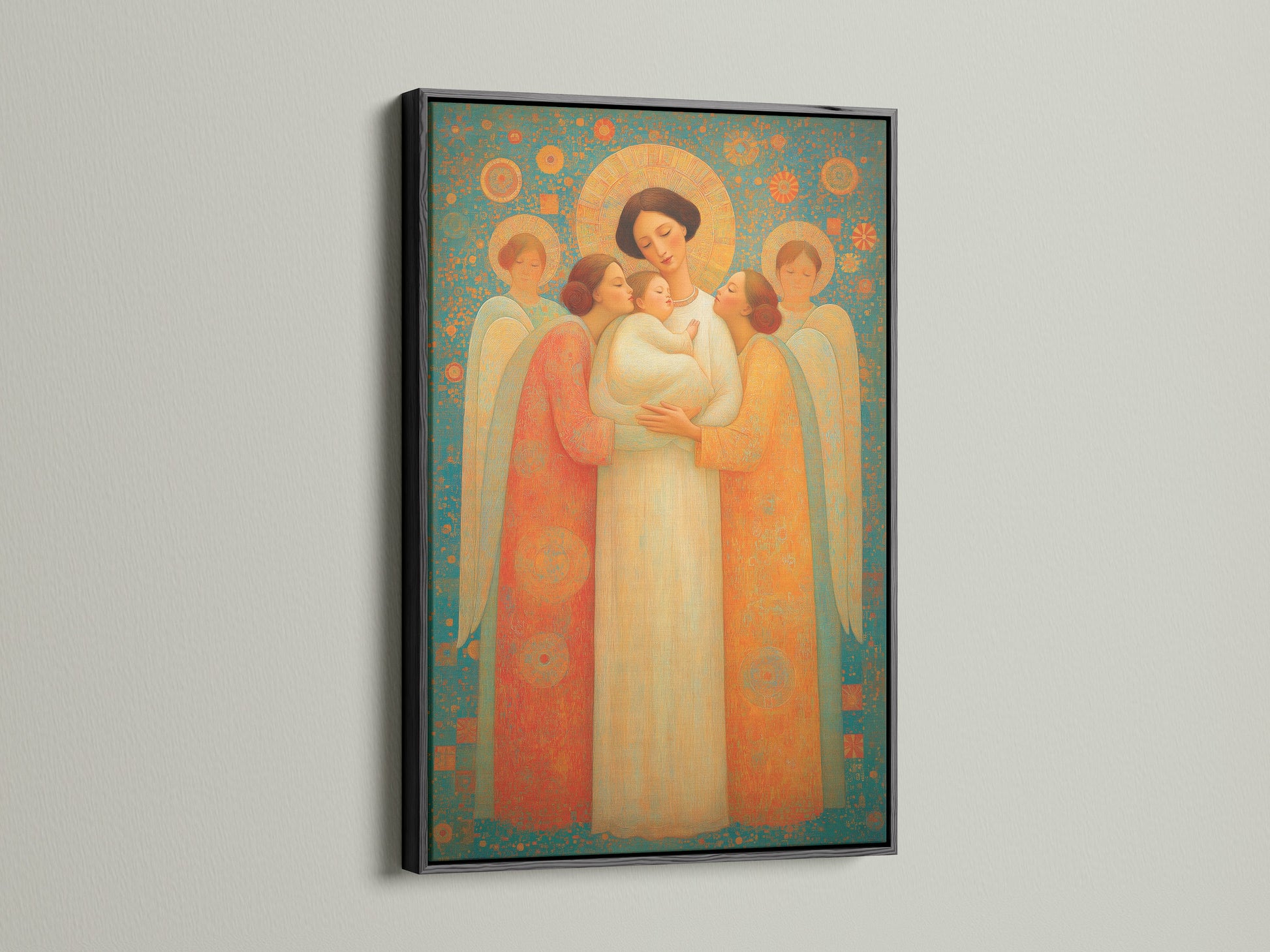 This angel family art is showcased in a sleek black frame. The dark frame accentuates the artwork's intricate details. This sacred mother and child art piece brings peace to any space. Enhance your home with this beautiful blend of bohemian and eclectic styles. Perfect for meditation spaces and healing centers.