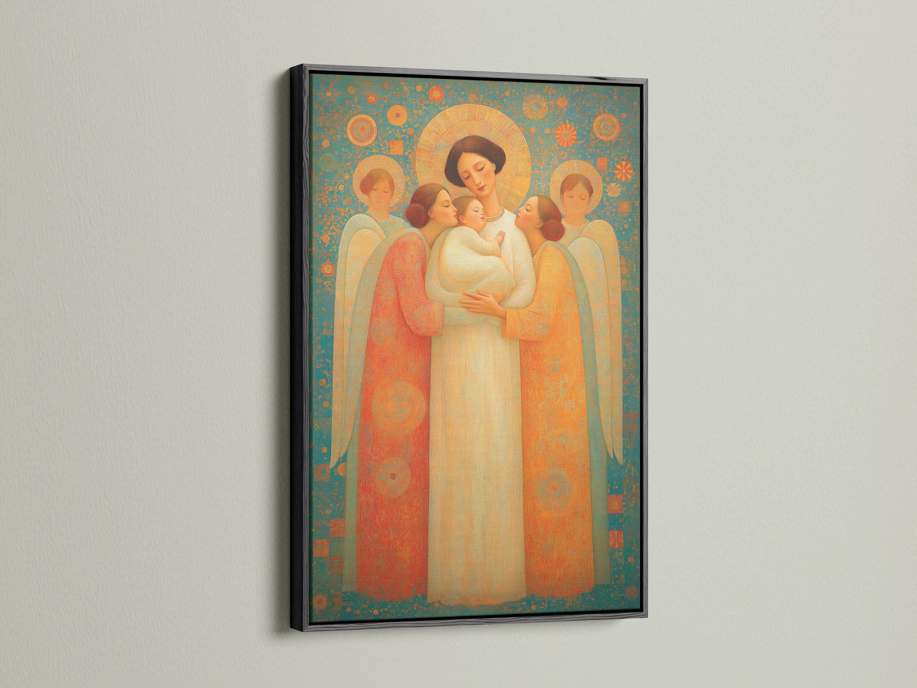 This angel family art is showcased in a sleek black frame. The dark frame accentuates the artwork's intricate details. This sacred mother and child art piece brings peace to any space. Enhance your home with this beautiful blend of bohemian and eclectic styles. Perfect for meditation spaces and healing centers.