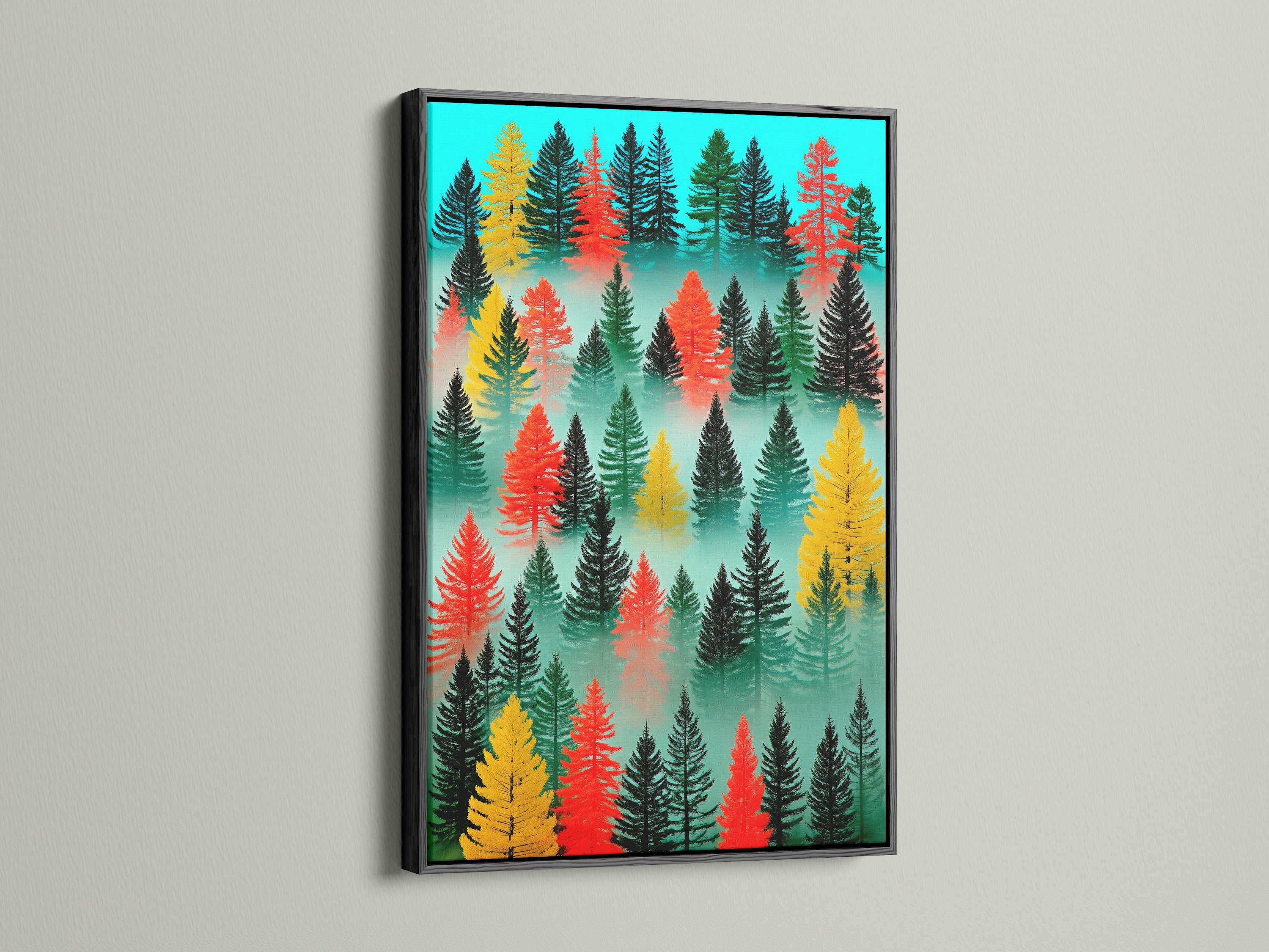 The black frame brings a bold contrast to the colorful forest artwork. This modern wall art stands out. A sleek and stylish choice for any room. The abstract landscape art gains depth with the dark frame. This canvas print is a sophisticated statement piece.