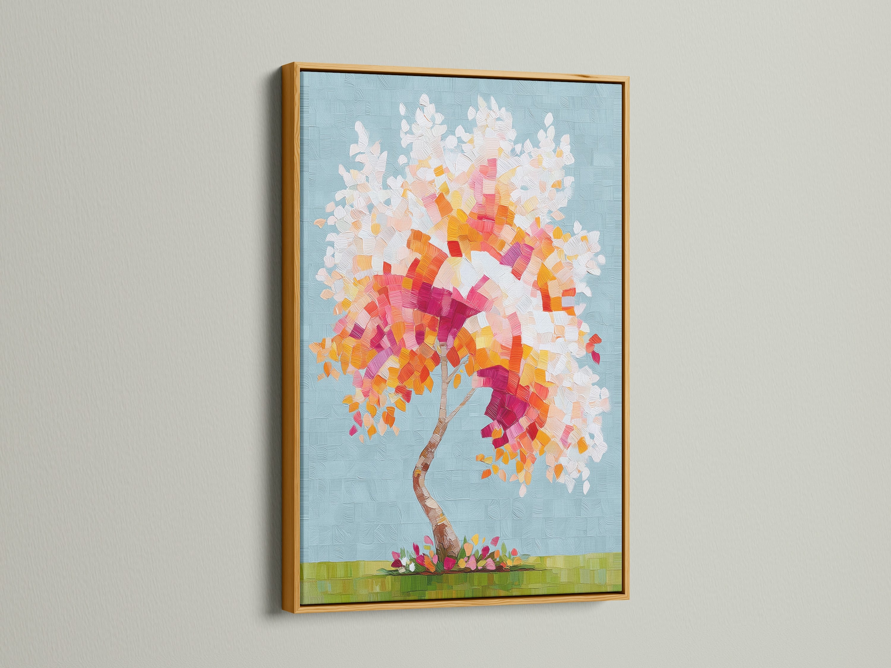 A gold frame highlights this mosaic wall art. The colorful tree artwork brings a touch of elegance. This abstract tree print is ideal for contemporary interiors. Enhance your space with this vibrant wall art. The pink and orange hues create a warm ambiance.