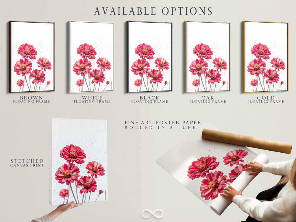 Available options are displayed: a stretched canvas print a fine art poster paper and a floating frame. Choose your preferred format for the red floral artwork. The perfect botanical print for any space and style preference.