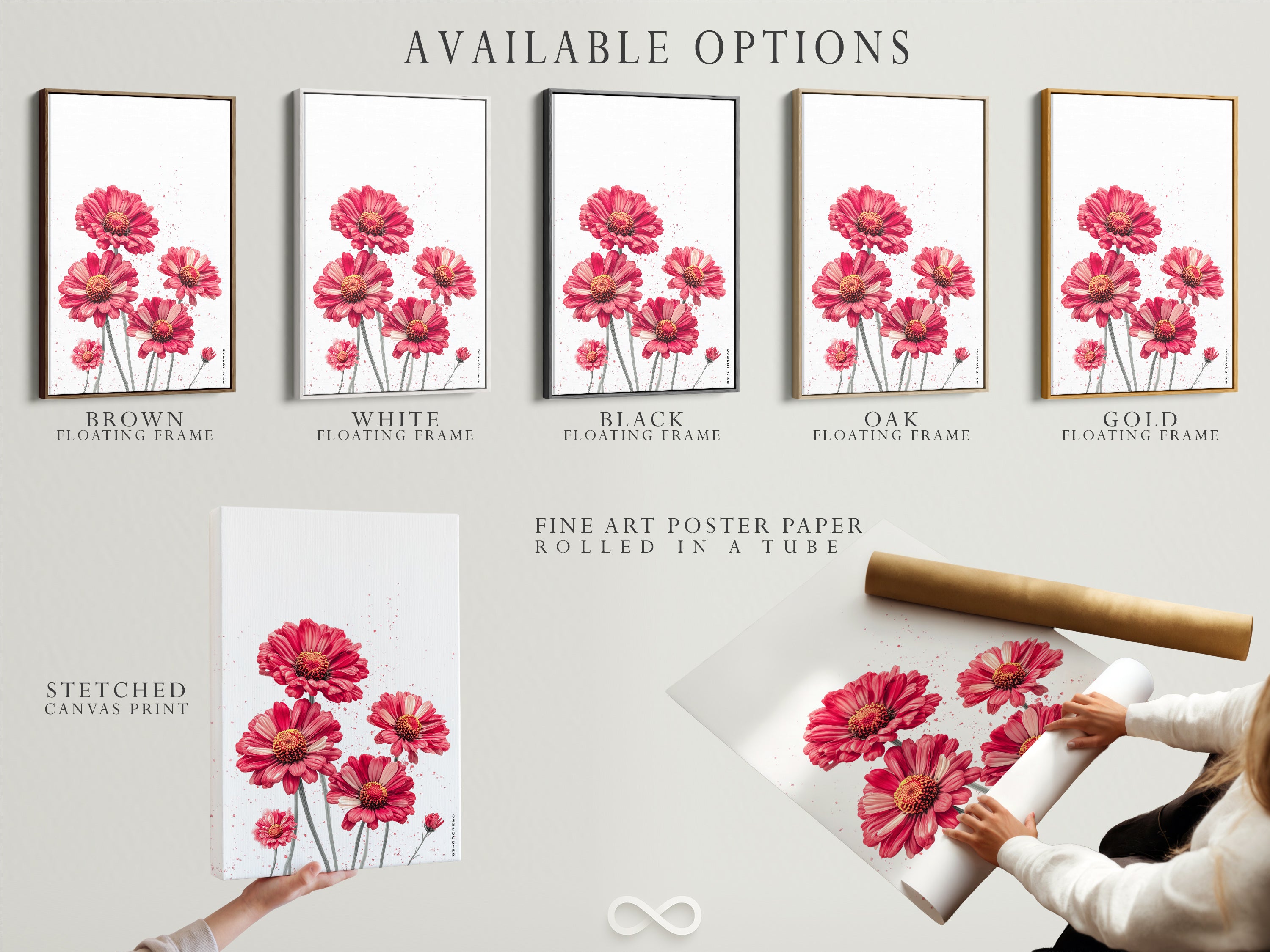 Available options are displayed: a stretched canvas print a fine art poster paper and a floating frame. Choose your preferred format for the red floral artwork. The perfect botanical print for any space and style preference.