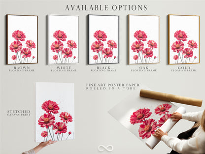 Available options are displayed: a stretched canvas print a fine art poster paper and a floating frame. Choose your preferred format for the red floral artwork. The perfect botanical print for any space and style preference.