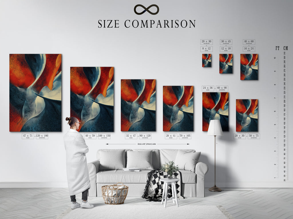 A size comparison chart is displayed in an interior setting. This chart helps you visualize the different sizes of the artwork. Choose the perfect size for your space. The artwork features abstract shapes in red white and blue. Find the ideal fit for your home decor. Shop now and compare sizes.