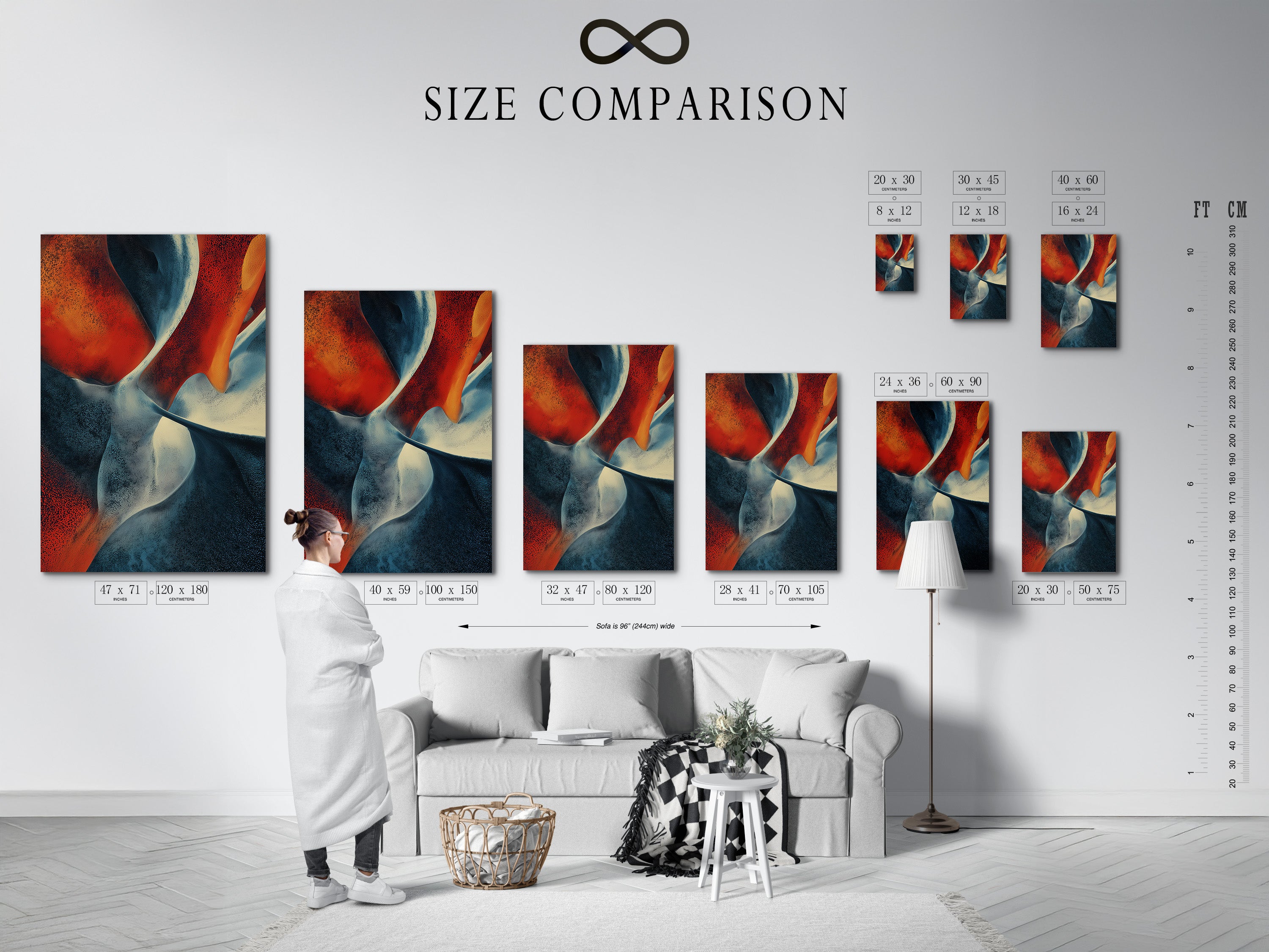 A size comparison chart is displayed in an interior setting. This chart helps you visualize the different sizes of the artwork. Choose the perfect size for your space. The artwork features abstract shapes in red white and blue. Find the ideal fit for your home decor. Shop now and compare sizes.