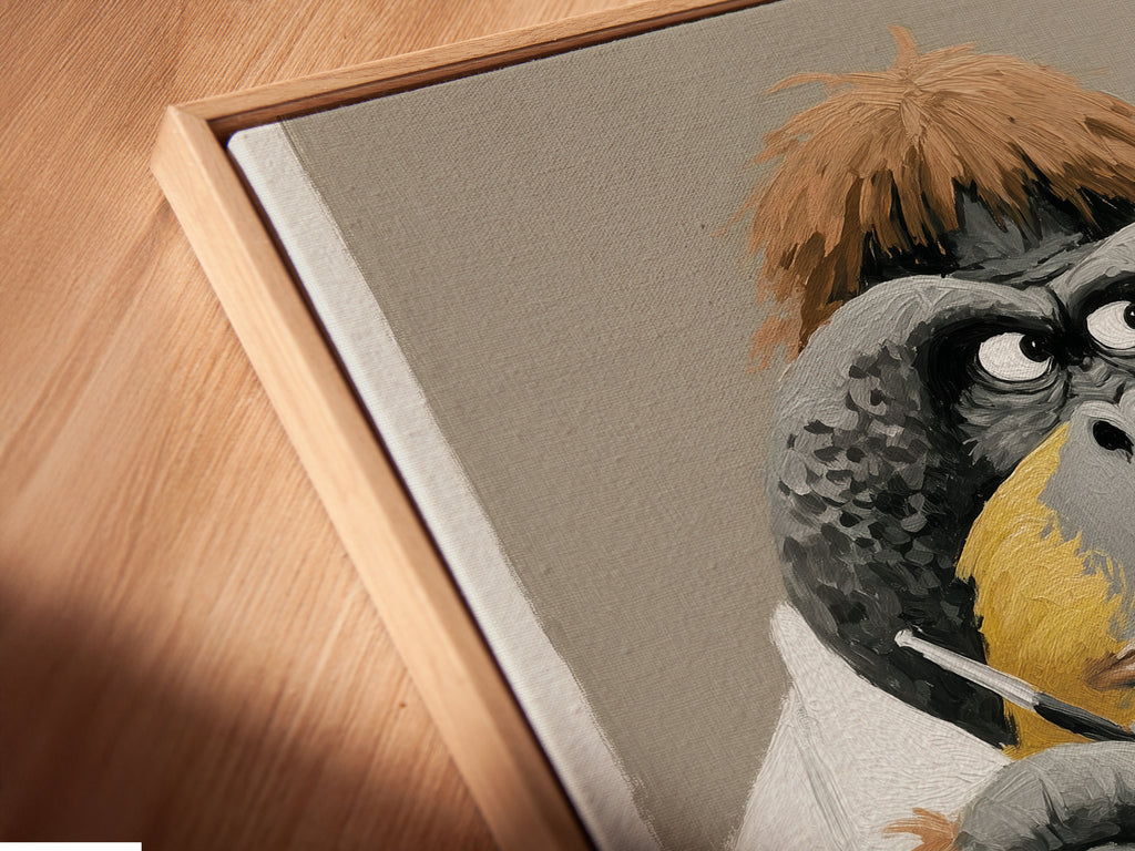 A close-up shot reveals the Orangutan Scientist art in a floating frame. The artwork features a thoughtful orangutan in a lab coat. Test tubes filled with colorful liquids sit before him. This display enhances the artwork's contemporary appeal and creates a sophisticated look.