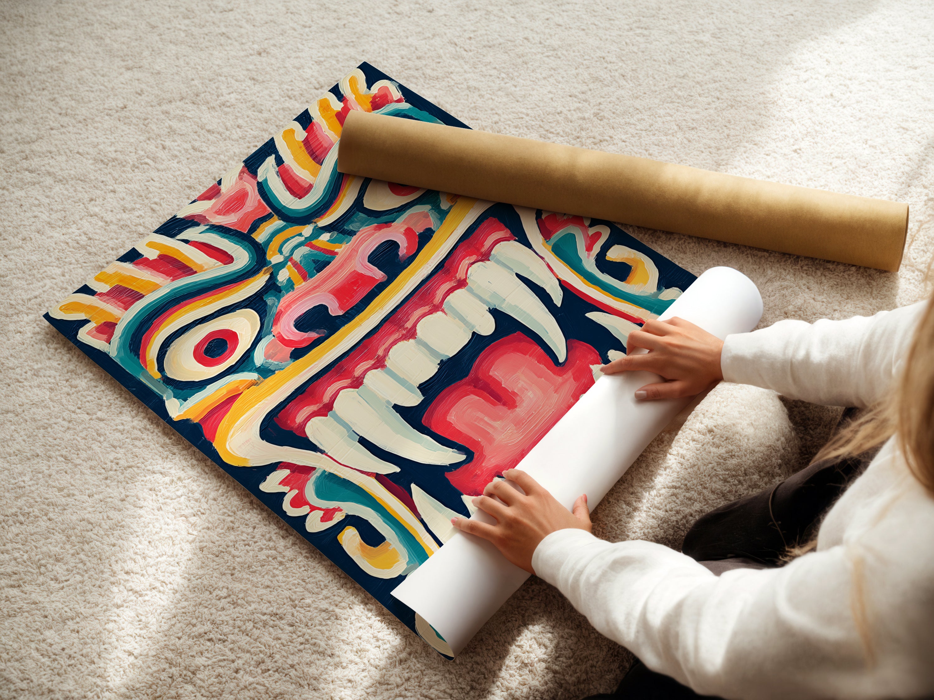 A woman is carefully rolling fine art poster paper. Prepare to display your tribal mask artwork. This folklore print is ready for framing. The colorful artwork will enhance any space. Get your graphic art print today.