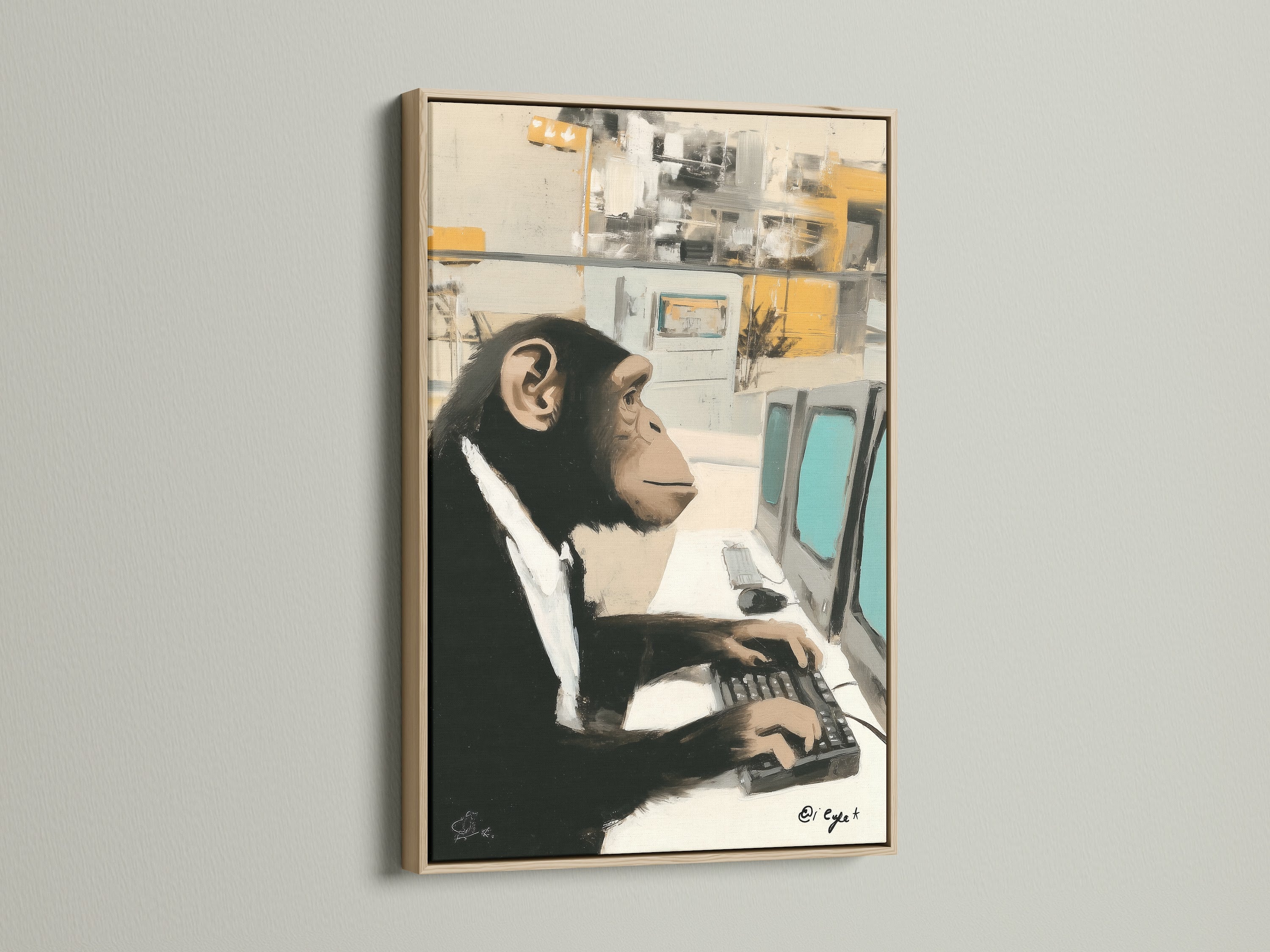 A Monkey Office Art Print framed in oak hangs on a white wall. This chimp canvas print adds humor to any office space. The artwork features a chimpanzee working at a computer. This funny animal art is perfect for entrepreneurs. It also suits animal lovers who want elevated decor.