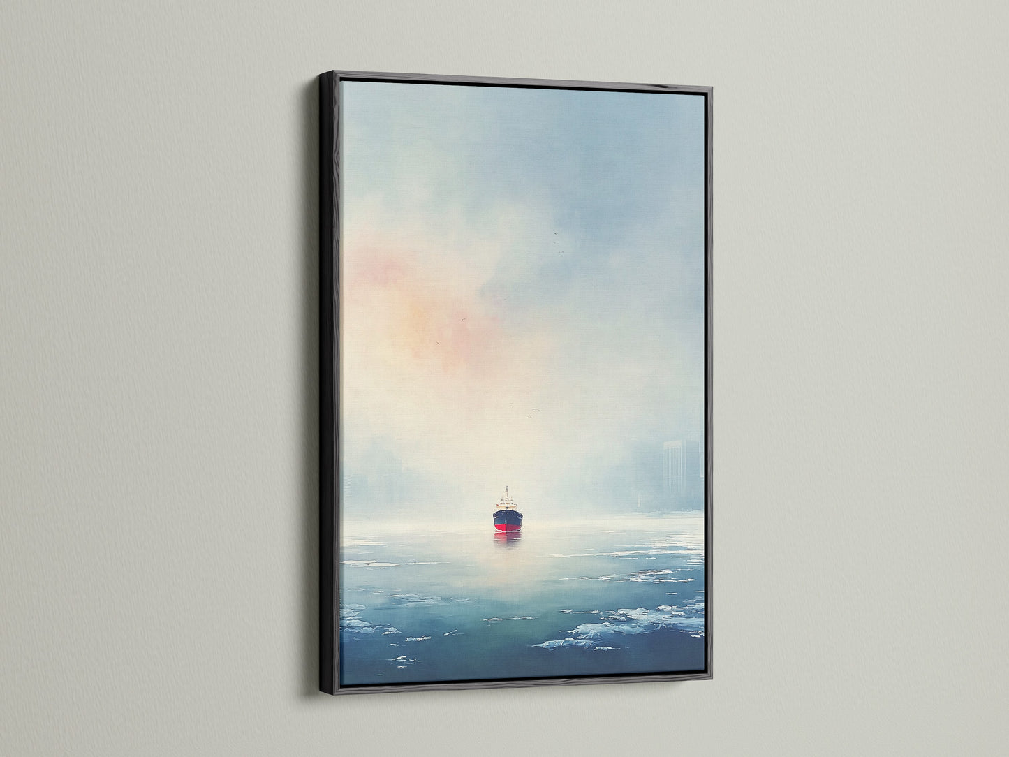 This coastal wall art features a cargo ship. It is presented in a sleek black frame. The nautical vessel artwork adds a sophisticated touch to office decor. The black frame provides a striking contrast enhancing the artwork's details. Perfect for contemporary spaces.