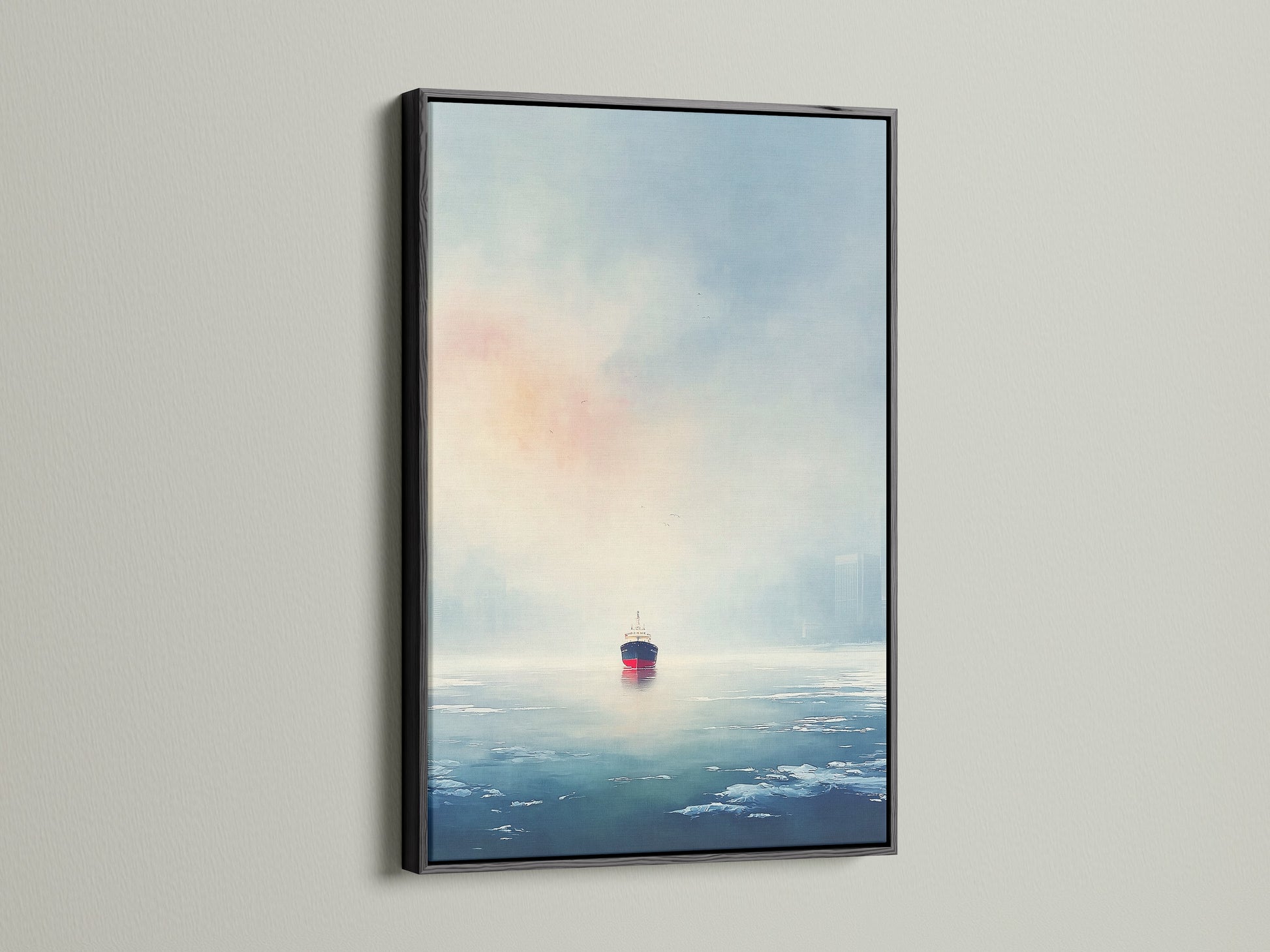 This coastal wall art features a cargo ship. It is presented in a sleek black frame. The nautical vessel artwork adds a sophisticated touch to office decor. The black frame provides a striking contrast enhancing the artwork's details. Perfect for contemporary spaces.