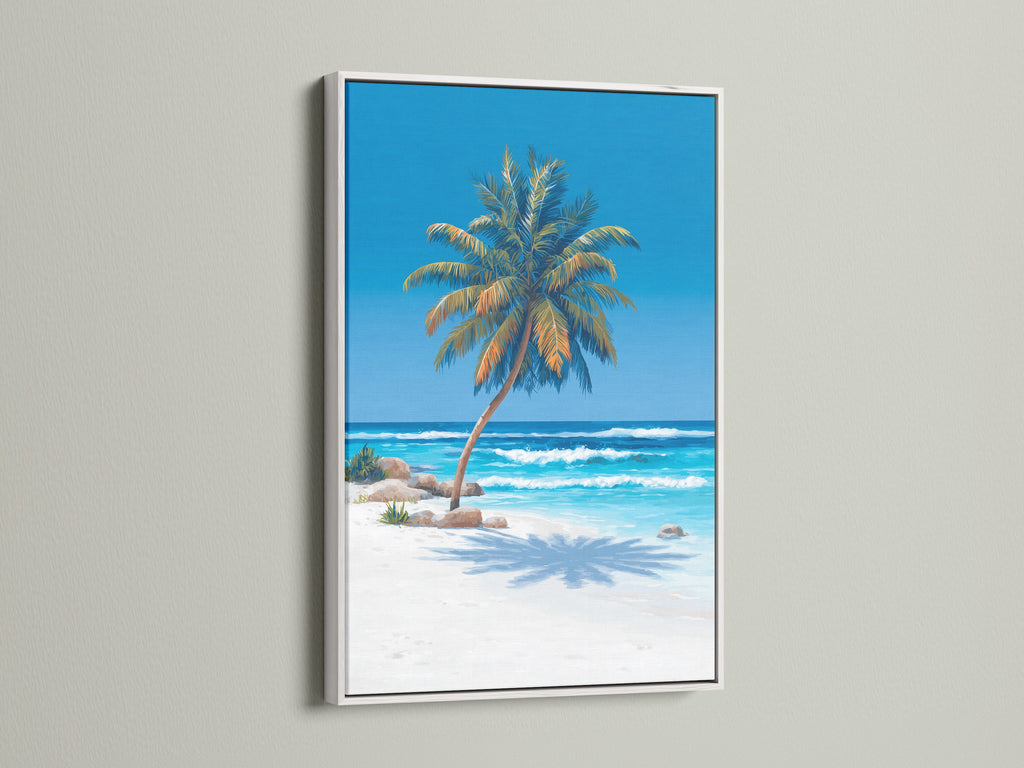 This is a tranquil tropical wall art piece showcased in a clean white frame. The palm tree art captures the essence of a coastal paradise. The artwork enhances any space with its turquoise blue hues and serene beach scene. A perfect addition to your beach house decor