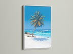 This is a tranquil tropical wall art piece showcased in a clean white frame. The palm tree art captures the essence of a coastal paradise. The artwork enhances any space with its turquoise blue hues and serene beach scene. A perfect addition to your beach house decor