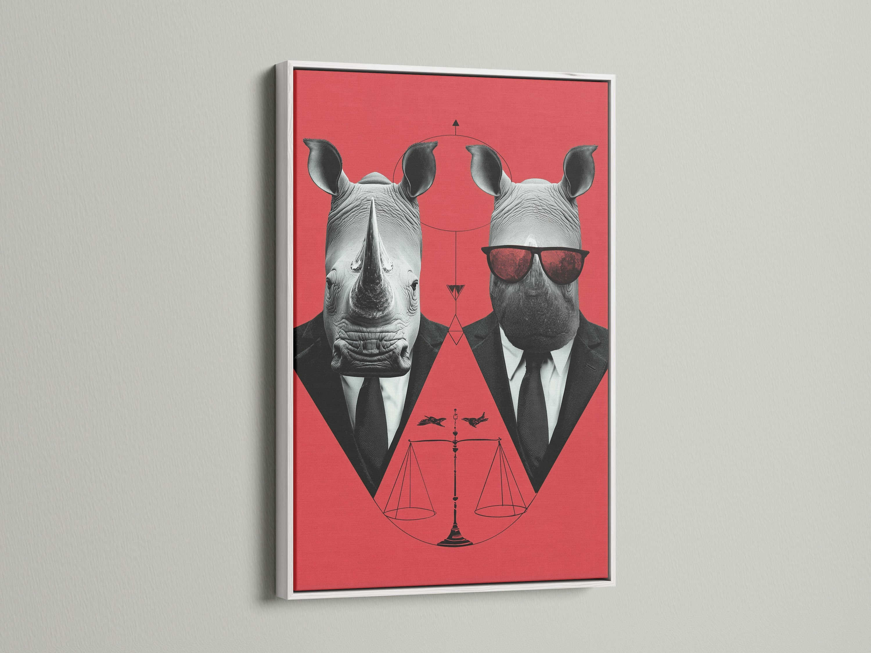 Rhino Business Suit artwork with a white frame. The clean white frame enhances the red contemporary print. This surreal animal art is perfect for modern homes. It adds a touch of personality to any creative workspace or living space.
